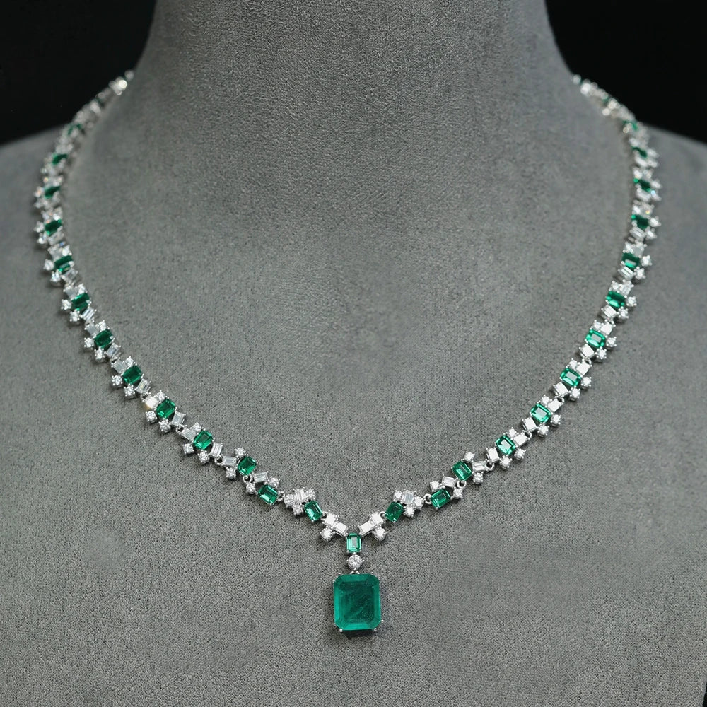 Vintage 925 Sterling Silver Emerald & Diamond Pendant Necklace for Women - 15x17mm High Carbon Gemstone Jewelry - Perfect Gift for Anniversary, Birthday & Special Occasions