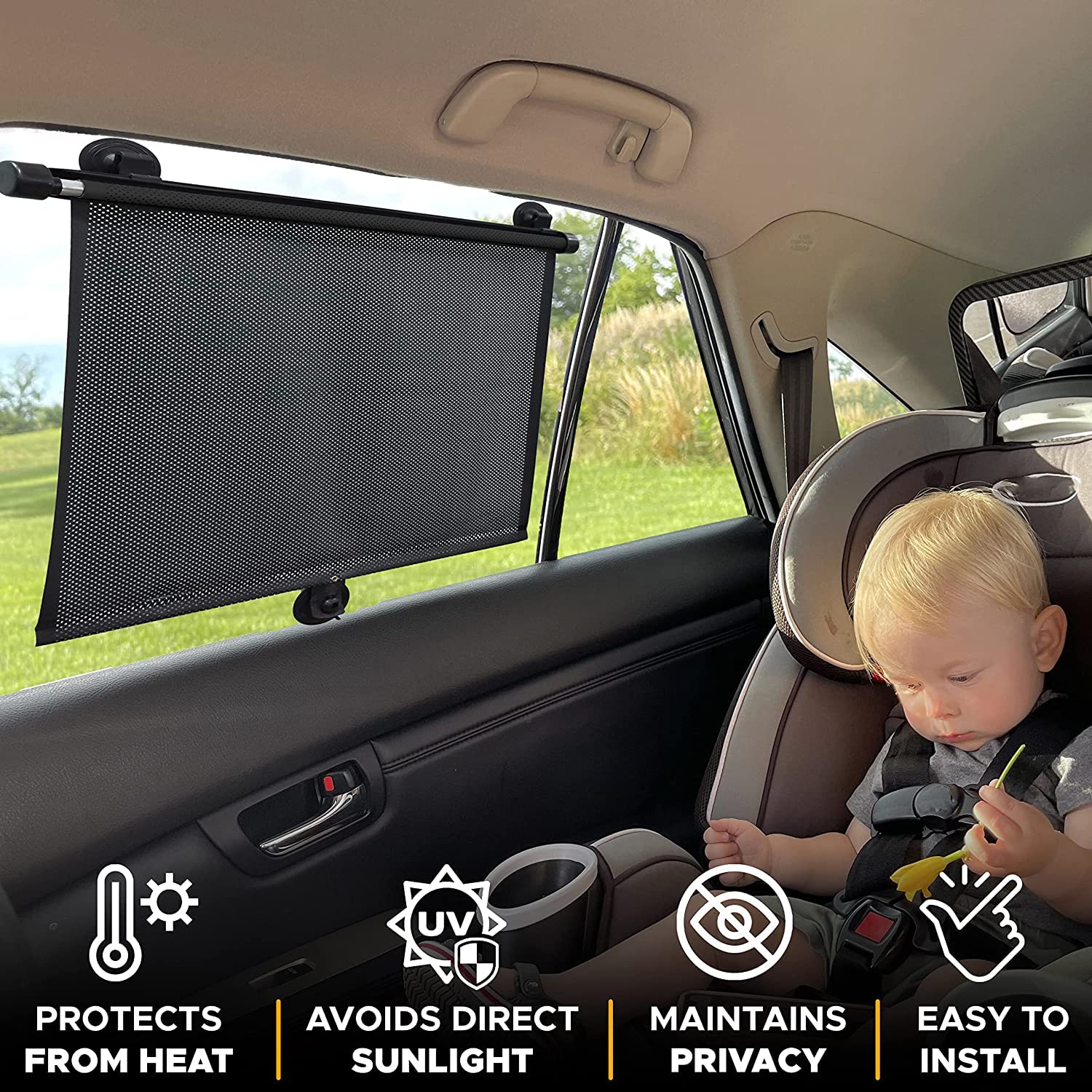 EcoNour Baby Car Side Window Sunshade (2 Pack) with Headrest Hook - UV Protection for SUV & Trucks - 18