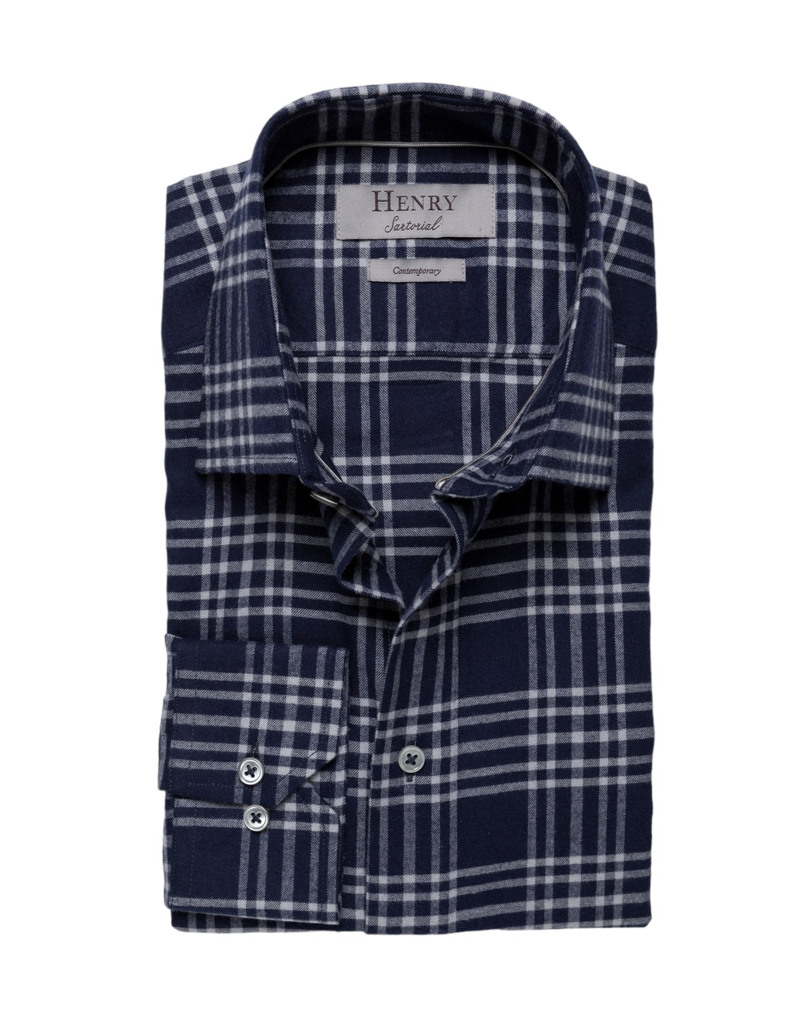 HENRY SARTORIAL Men's Casual Check Cotton Shirt - Navy Multi Color Plaid Button Down Shirt for Business Casual & Weekend Wear