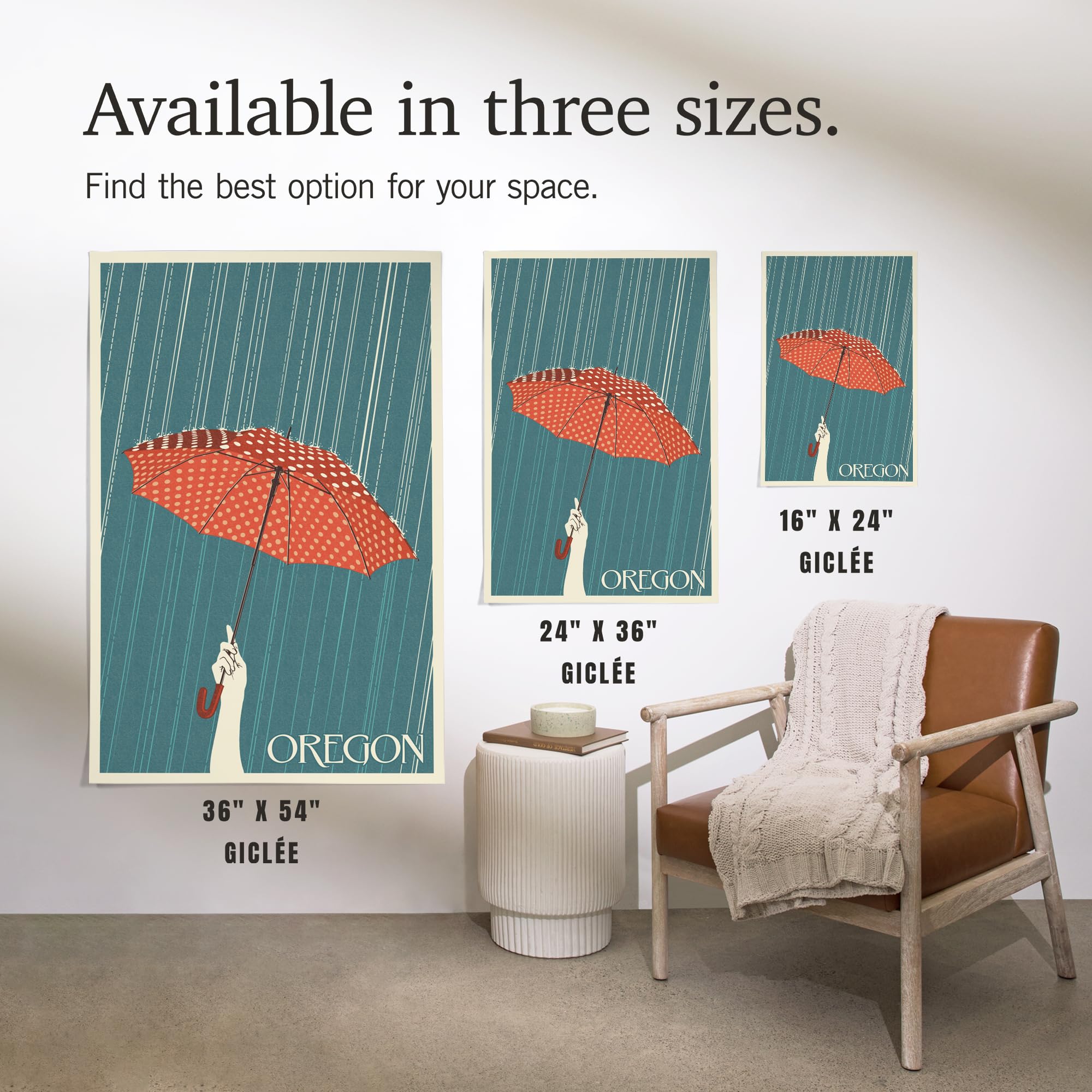 Lantern Press 16x24 Inch Giclee Print - Oregon Umbrella Letterpress Art - Wall Decor for Living Room, Bedroom & Office