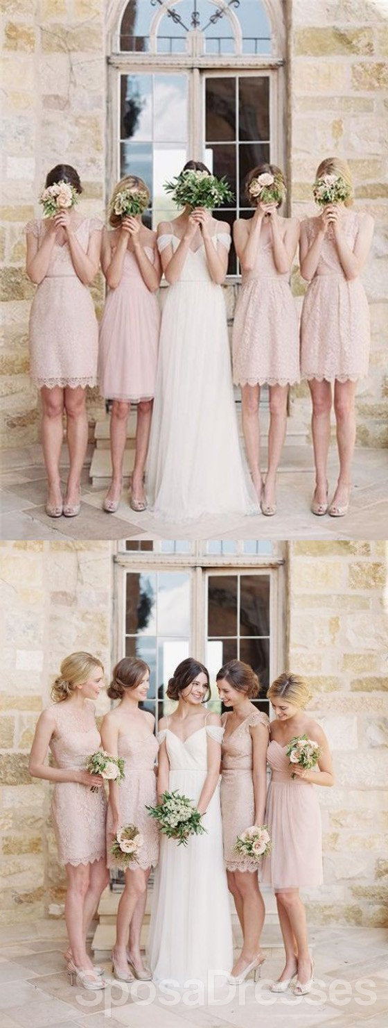 Elegant Blush Pink Lace Bridesmaid Dress - Knee Length Mismatched Junior Style WG115 | Perfect for Weddings, Prom & Formal Events