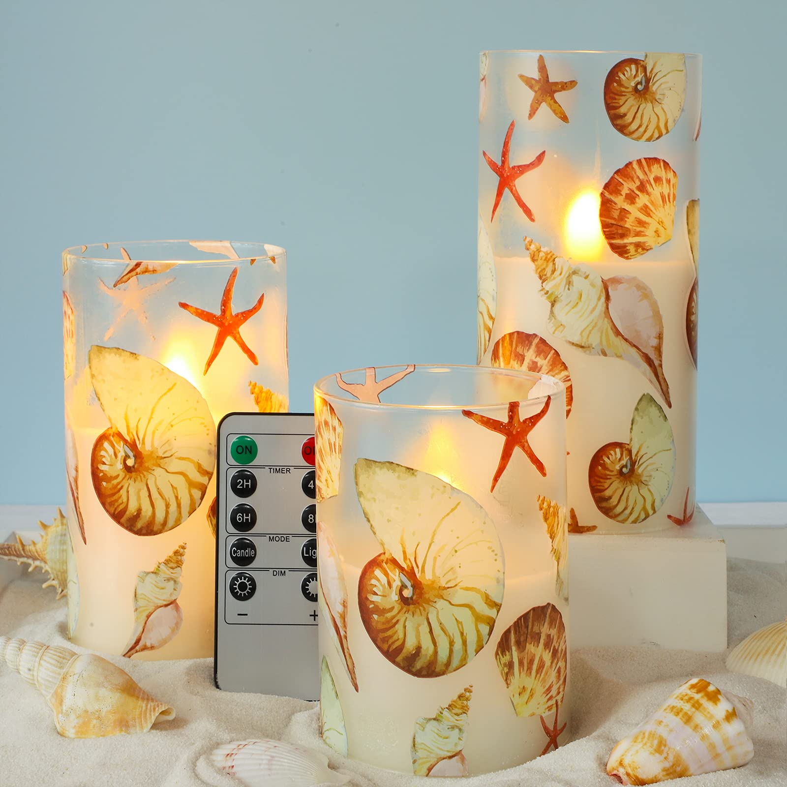 Remote Control LED Battery Operated Candles Set of 3 - Real Wax Ocean Decor with Shell & Starfish for Fireplace, Christmas, Bedroom, Nautical Theme Party & Home Decor | Flameless Safe Lighting for Romantic Ambiance