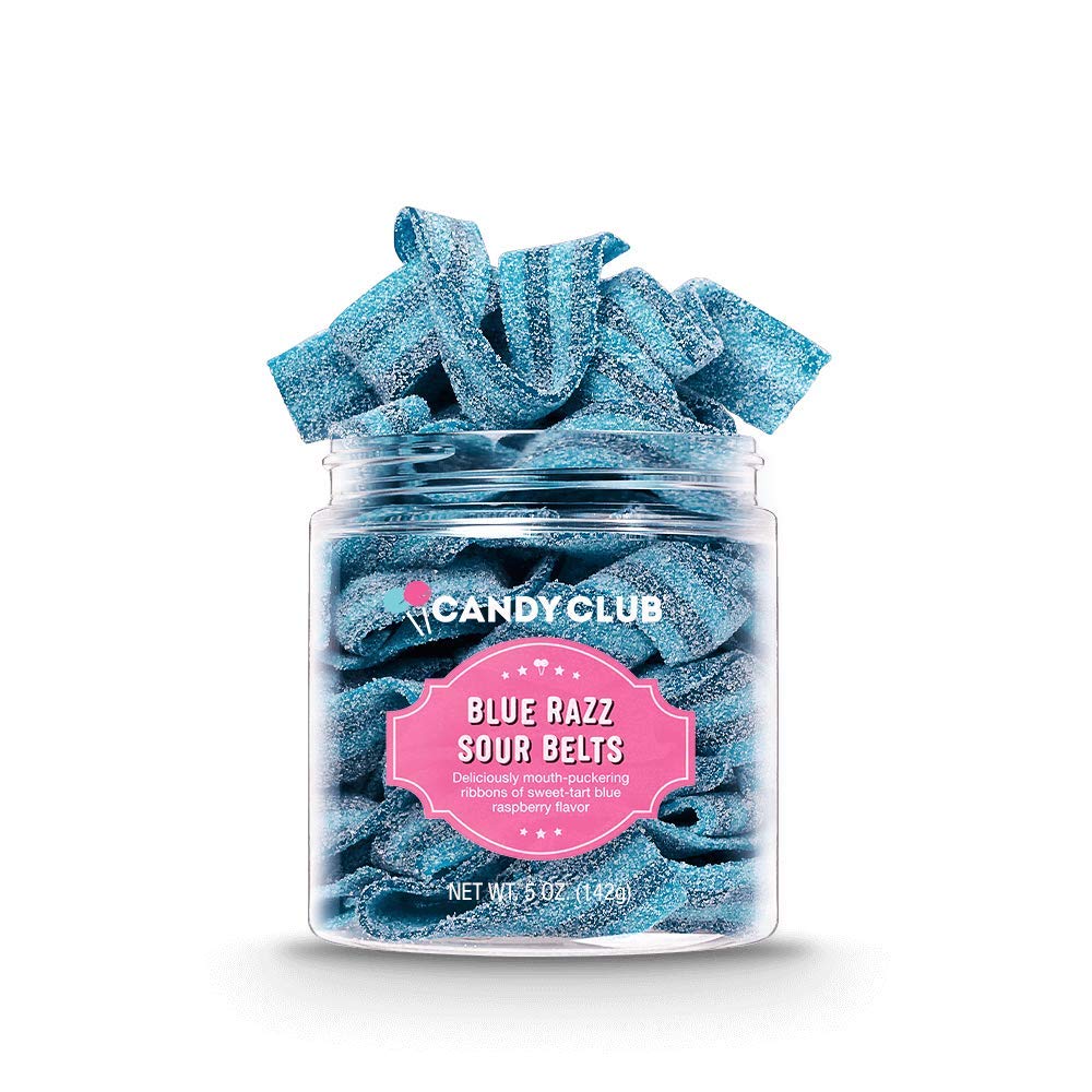 Candy Club Gourmet Gummy Blue Razz Sour Belts - Vegan, Sweet & Chewy Fruit Strips | Party Favors, Gift Ideas, Snacks & Candy Buffets | 5oz Jar - Perfect for Movie Nights, Office Treats & Birthday Celebrations