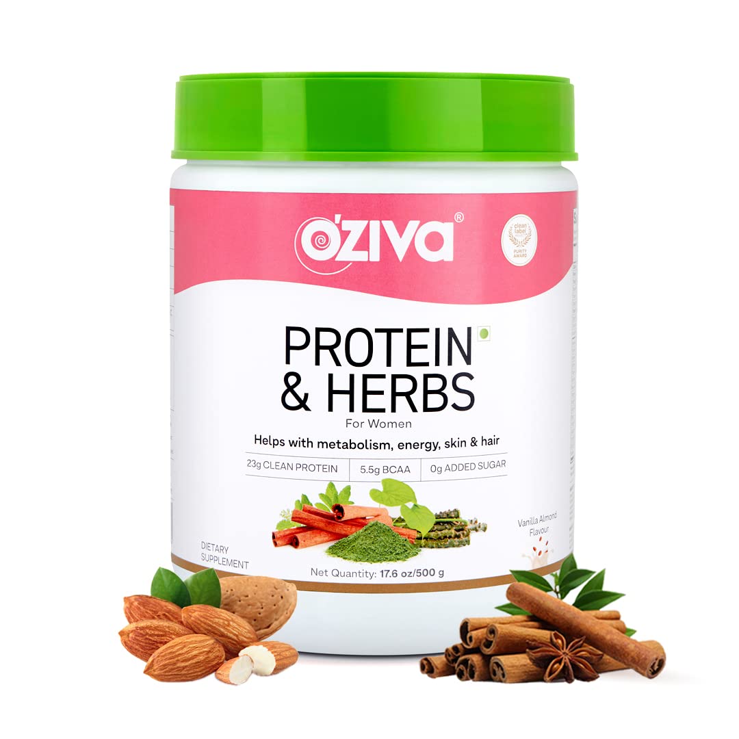 OZiva Women's Protein & Herbs Powder - 23g Whey Protein, Ayurvedic Herbs & Vitamins for Weight Management, Metabolism & Hormone Balance | Certified Clean, Vanilla Almond Flavor, 500g | Perfect for Post-Workout Recovery & Healthy Lifestyle