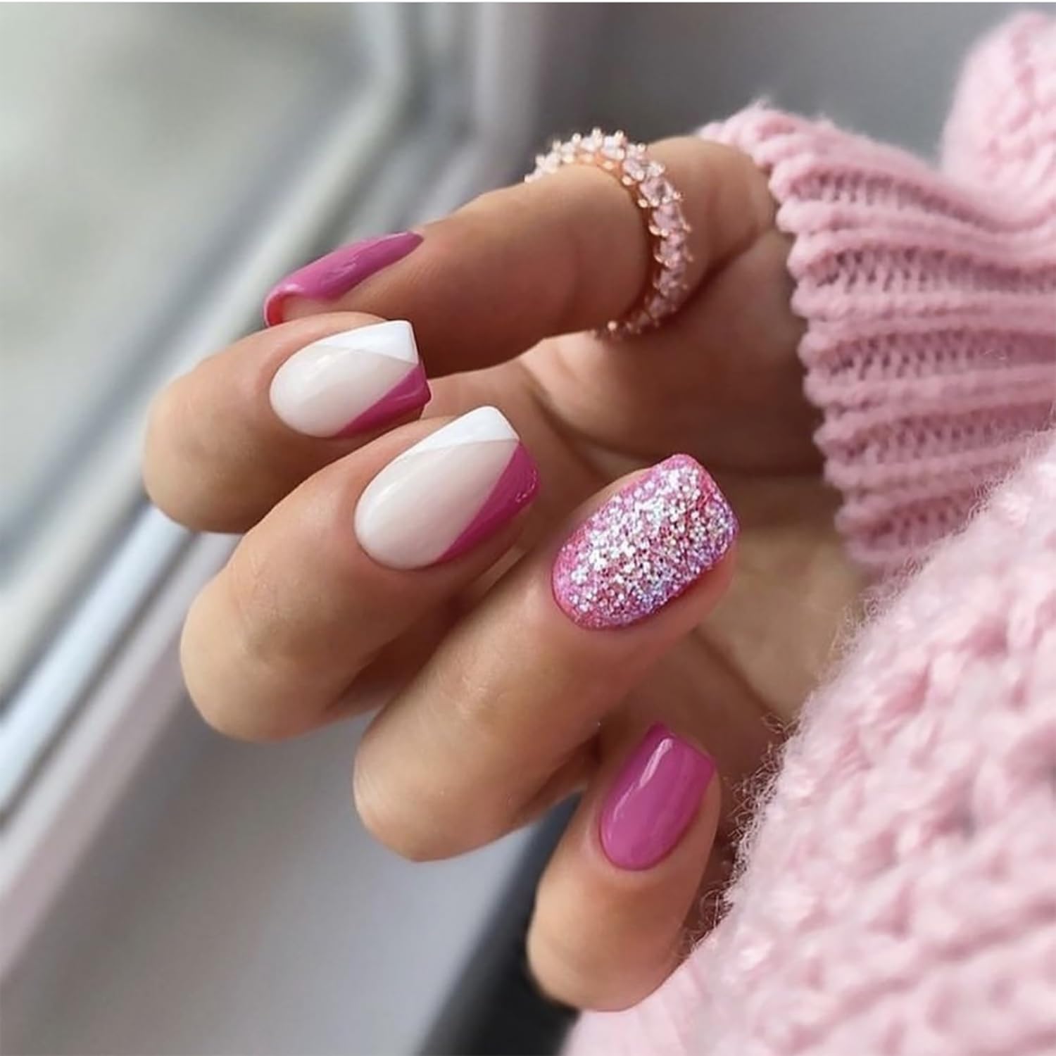 Rose Pink Press on Nails Short Square Fake Nails with Glue - Acrylic False Nails with Glitter Designs for Women & Girls | Easy Application, Salon-Quality Manicure | Perfect for Parties, Weddings & Everyday Wear