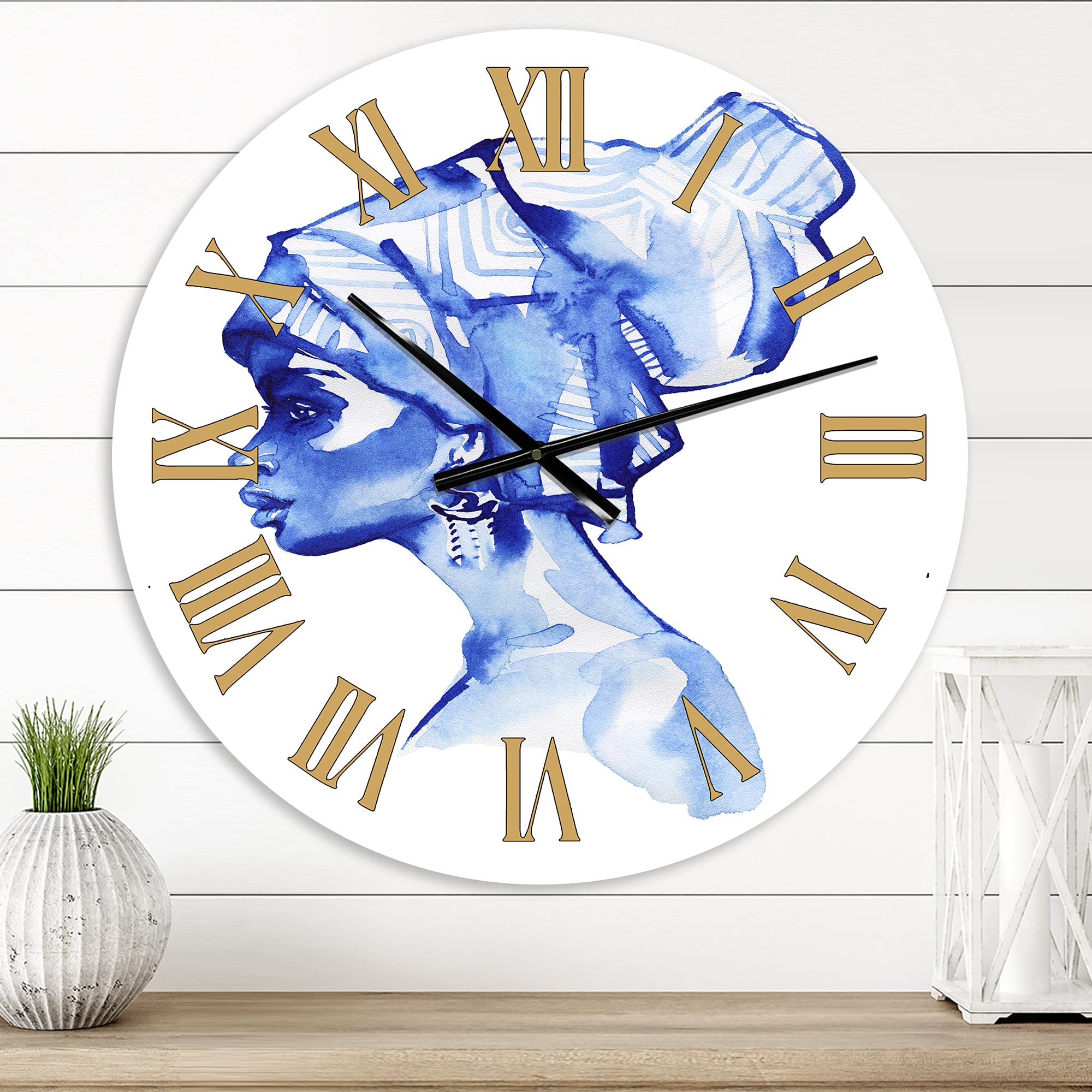 Blue Fashion Portrait Afro American Woman Modern Wall Clock - Large Decorative Wall Clock for Home, Office & Living Room - Unique Gift Idea for Home Decor