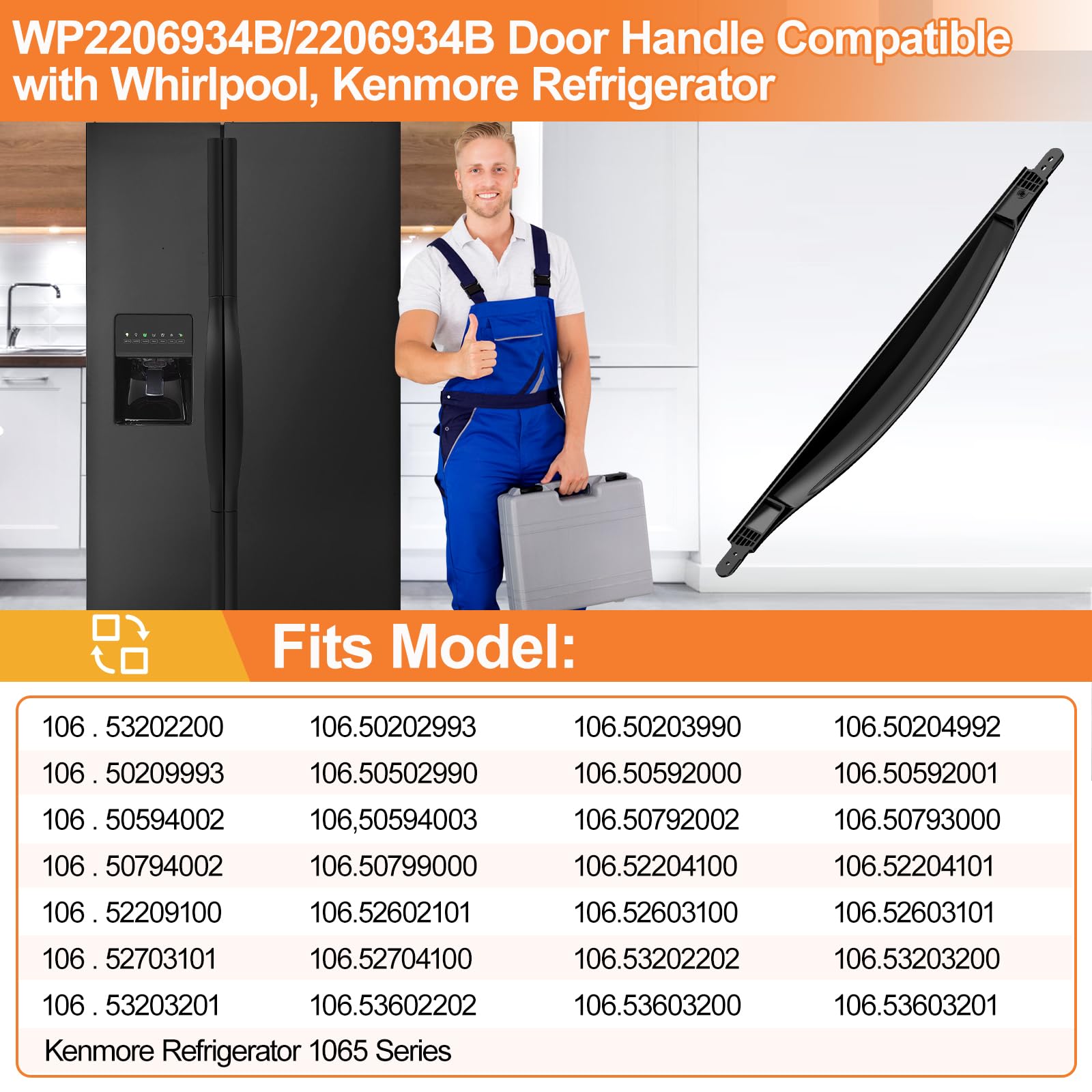 Upgraded WP2206934B Refrigerator Door Handle Replacement - Compatible with Whirlpool & Kenmore Refrigerators - Reinforced Black Fridge Handle (2206934B) - Perfect for Kitchen Appliance Repair and DIY Home Improvement