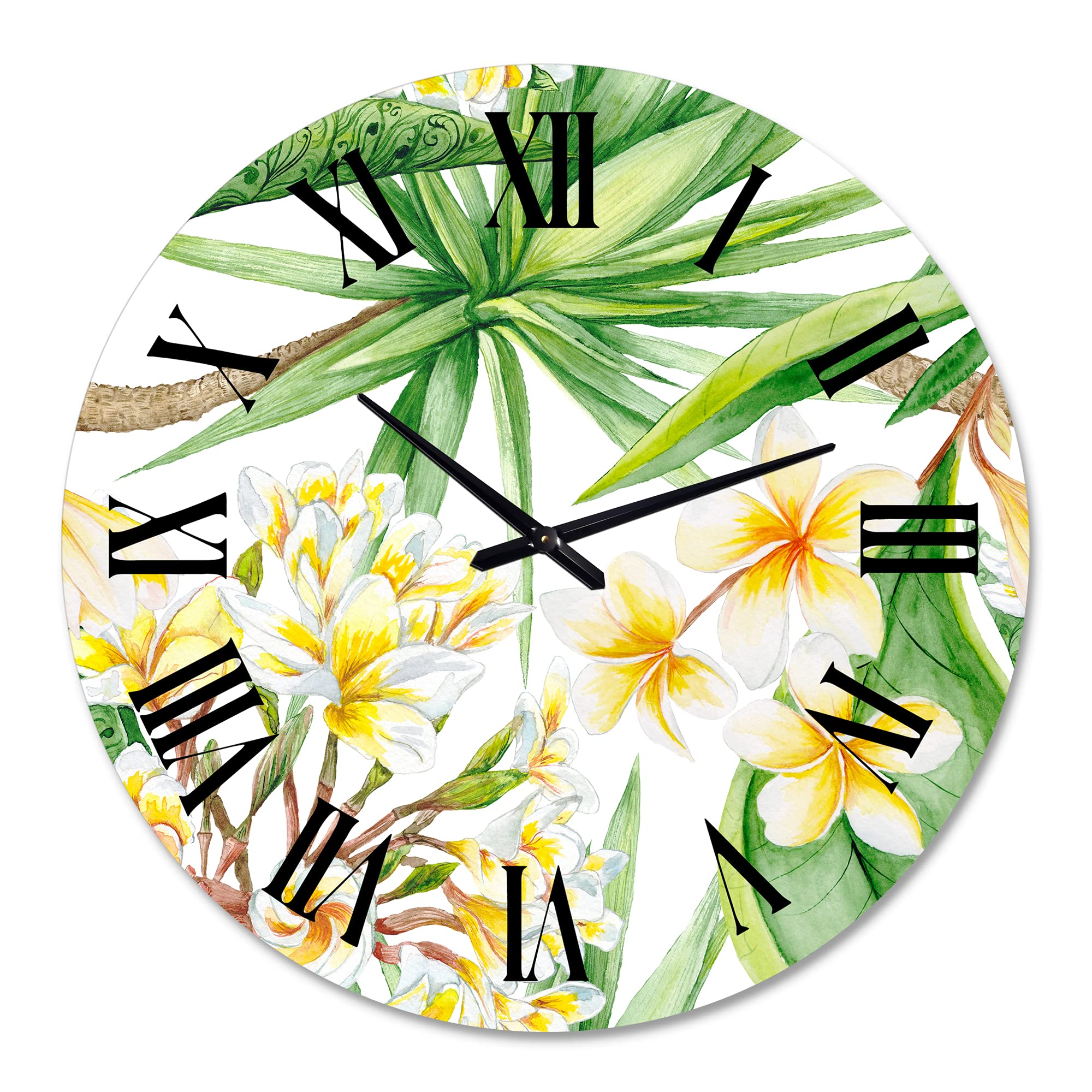 DesignQ Modern Wall Clock 'Tropical Foliage & Yellow Flowers' - Large Floral Botanical Wall Clock for Living Room, Bedroom, Office Decor | Perfect for Home, Office & Gift Giving