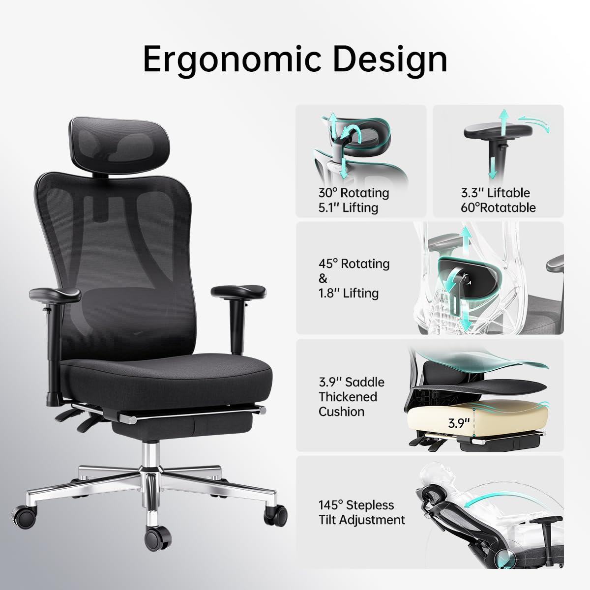 Hbada P3 Ergonomic Office Chair - 2D Adjustable Armrests & Lumbar Support, Tilt Function, Footrest - Black - Perfect for Home Office, Gaming & Workspace Comfort