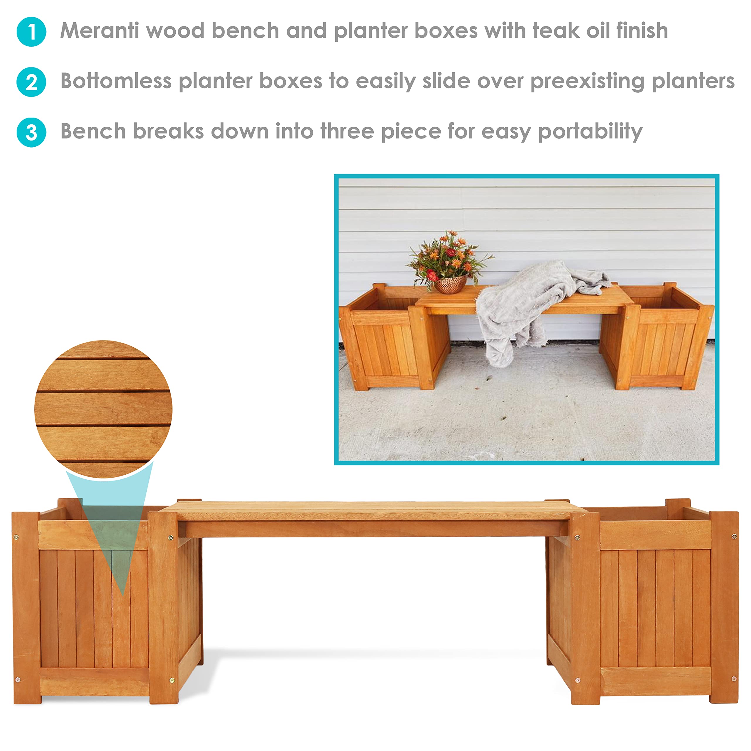 Sunnydaze 68-Inch Meranti Wood Outdoor Planter Box Bench with Teak Oil Finish - Perfect for Patio, Garden, and Backyard Seating Decor