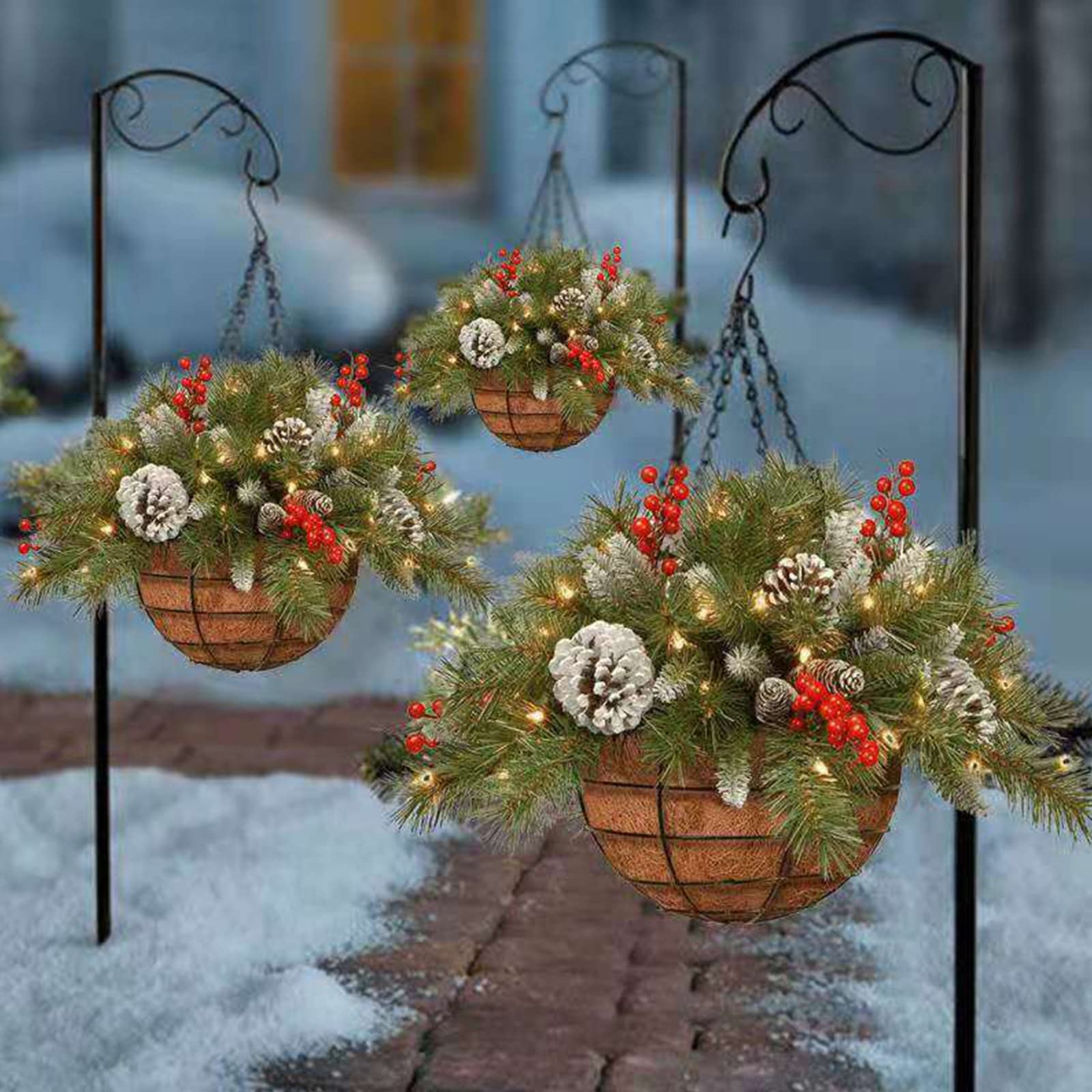 KKVV Pre-Lit Artificial Christmas Hanging Basket - 15.7 Inch LED Wreath Decor with Pine Cones & String Lights - Indoor/Outdoor Holiday Decoration (3 Pack) - Perfect for Front Door, Fireplace Mantel & Porch Christmas Decorating