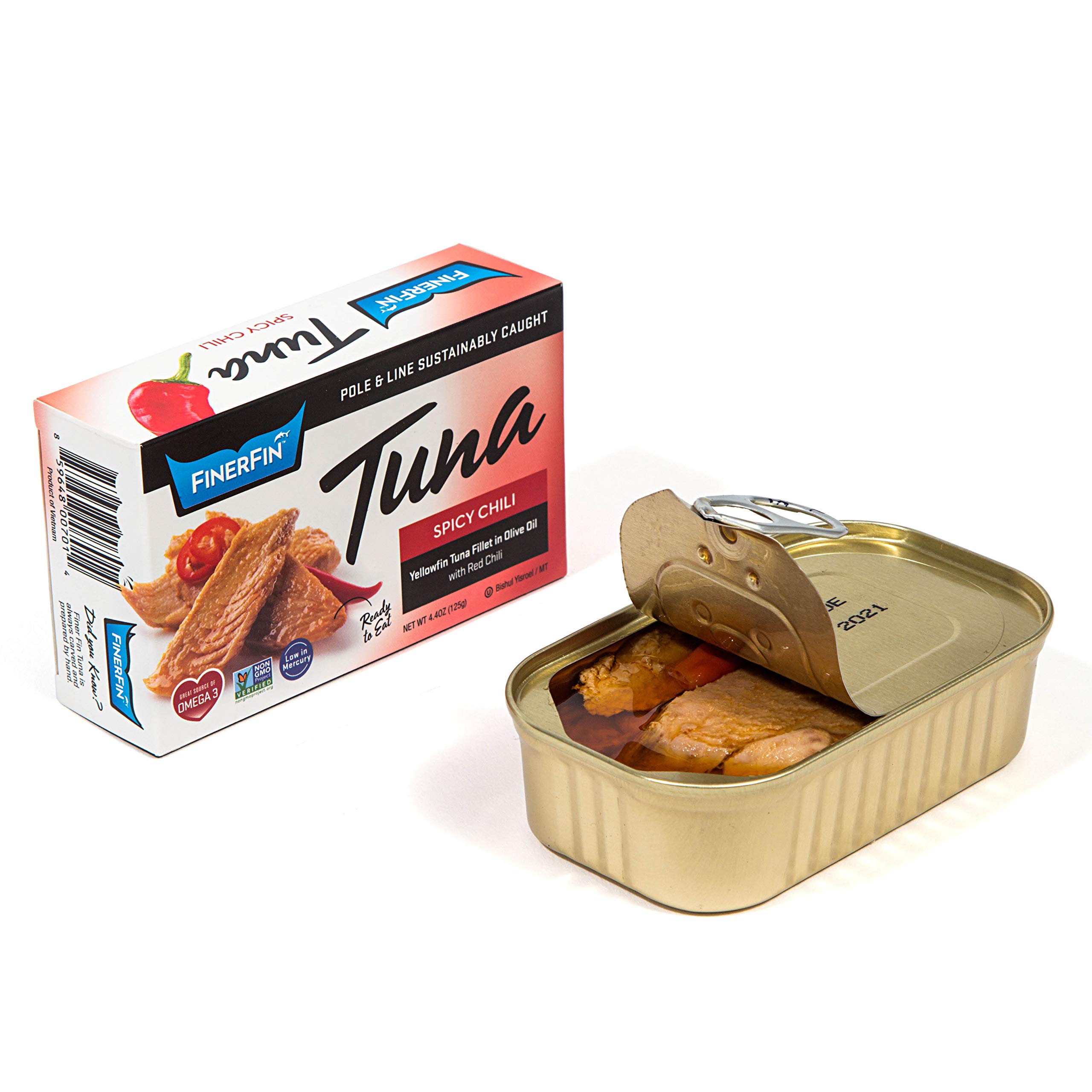 Premium Wild-Caught Yellowfin Tuna in Organic EVOO | Spicy Chili Flavor | Gourmet Canned Tuna Fillets | Ready-to-Eat Meal | 4.4oz Can | Perfect for Salads, Sandwiches & Quick Healthy Lunches