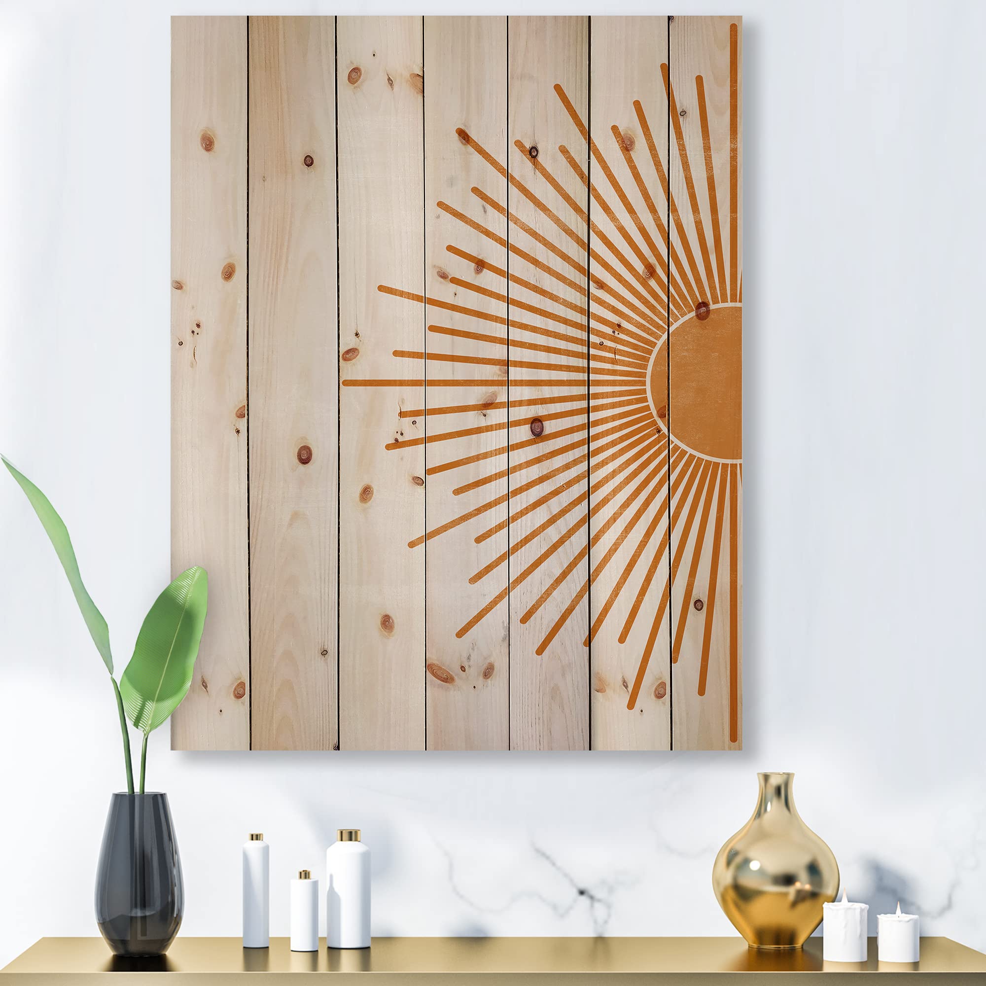 Modern Orange Sun Print Wood Wall Art - Large Geometric Contemporary Wooden Wall Decor Panel on Natural Pine - Perfect for Living Room, Bedroom & Office Decor