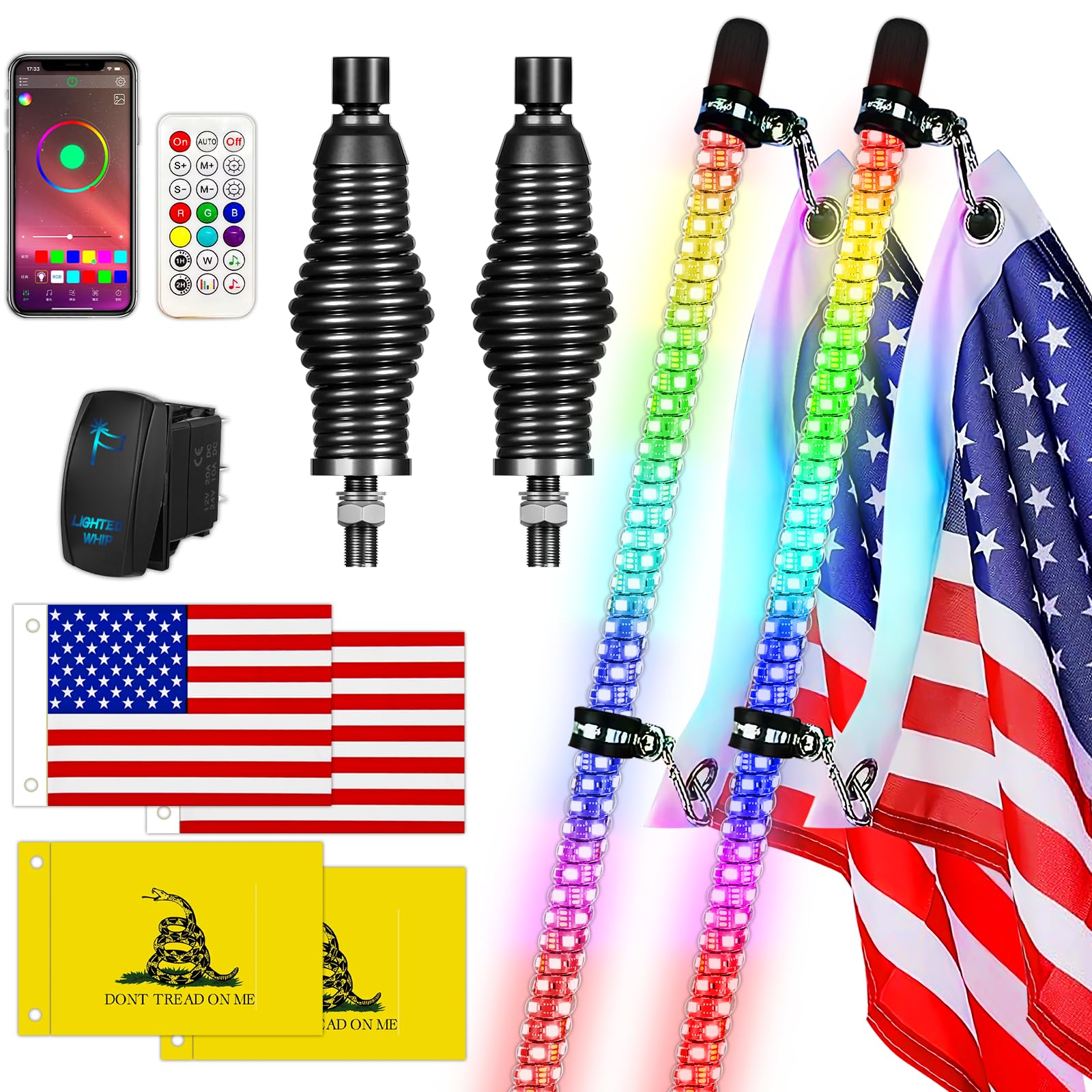 2-Piece 3FT LED Whip Lights with Spring Base - RGB Spiral Chase Lights with App & Remote Control for ATV, UTV, RZR, Truck, SXS - DIY Music Sync Lighting for Off-Road Adventures & Night Rides
