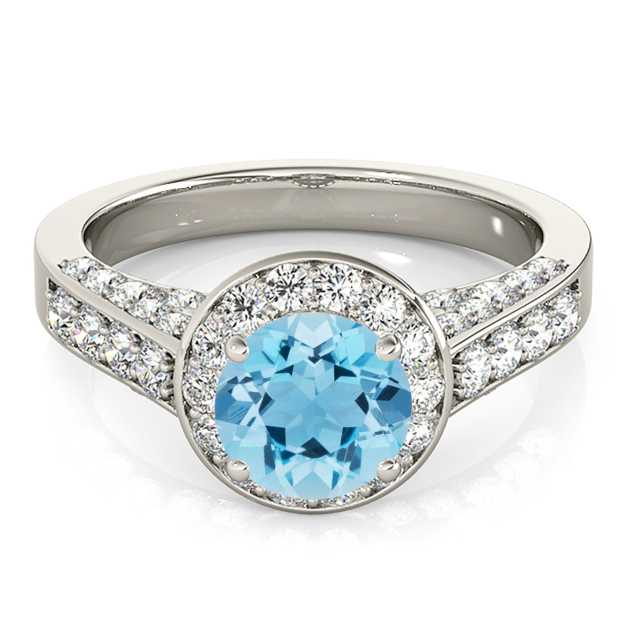 1.10 Ct Genuine Aquamarine Halo Ring with 3D Diamond Band - Elegant Birthstone Jewelry for Women, Perfect for Engagement, Anniversary & Special Occasions