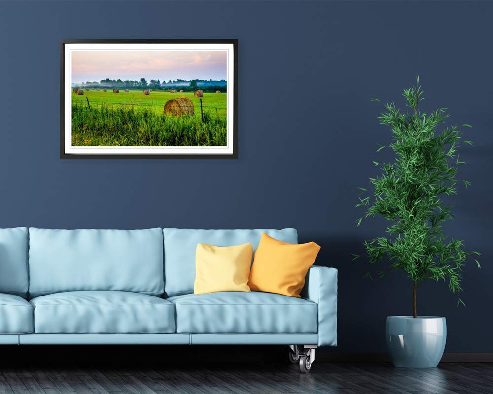 Farmland Rural Photography Print - Original Hay Bale Framed Wall Art Decor for Country Home, Farmhouse & Rustic Living Room