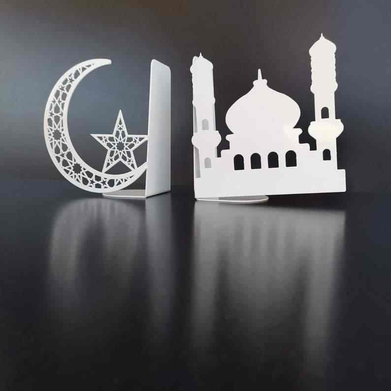 Islamic Home Decor - Mosque and Crescent Metal Bookends for Quran, Books & Shelves - Perfect for Muslim Prayer Room, Study Desk & Gift Giving