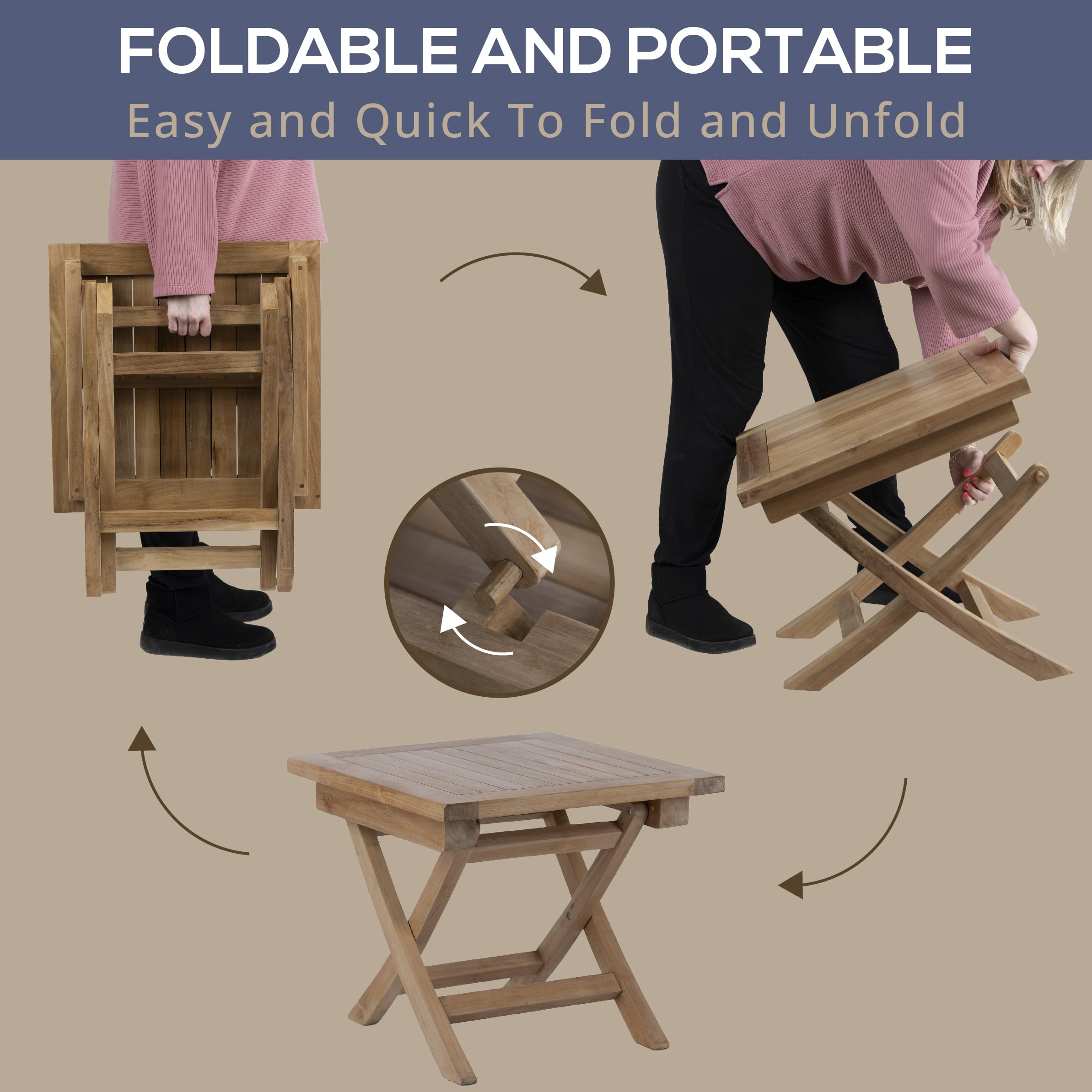 Teak Wood Folding 20 Inch Outdoor Coffee Table - Portable Square Patio Table for Camping, Backyard, Porch & Balcony - Weather-Resistant Furniture for Outdoor Entertaining, Picnics & Beach Parties