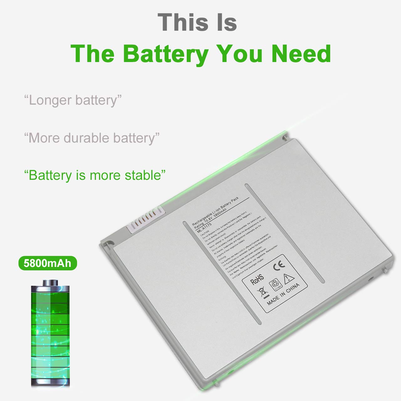 Upgraded A1175 Replacement Battery for MacBook Pro 15 Inch (2006-2008 Models) - Compatible with A1260 A1150 A1211 A1226 - 10.8V 5800mAh MA348/A MA348G/A MA466LLA - Perfect for Work, Travel & Extended Computing