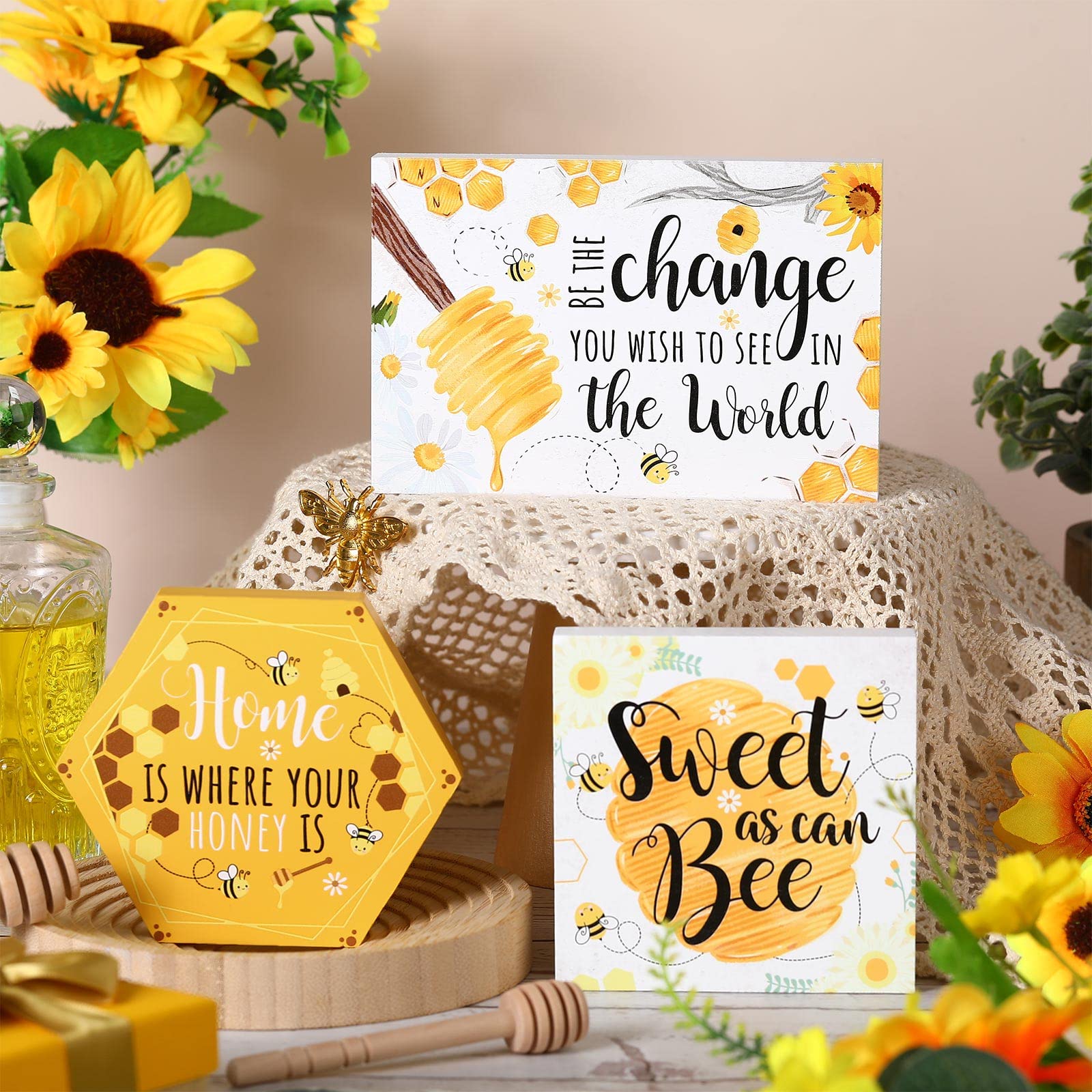 Jetec 3-Piece Wooden Tiered Tray Set - Farmhouse Kitchen Decor with Honeybee Design - Rustic Wooden Table Signs for Summer & Fall Home Decor - Perfect for Coffee Bar, Entryway, or Dining Table Centerpiece