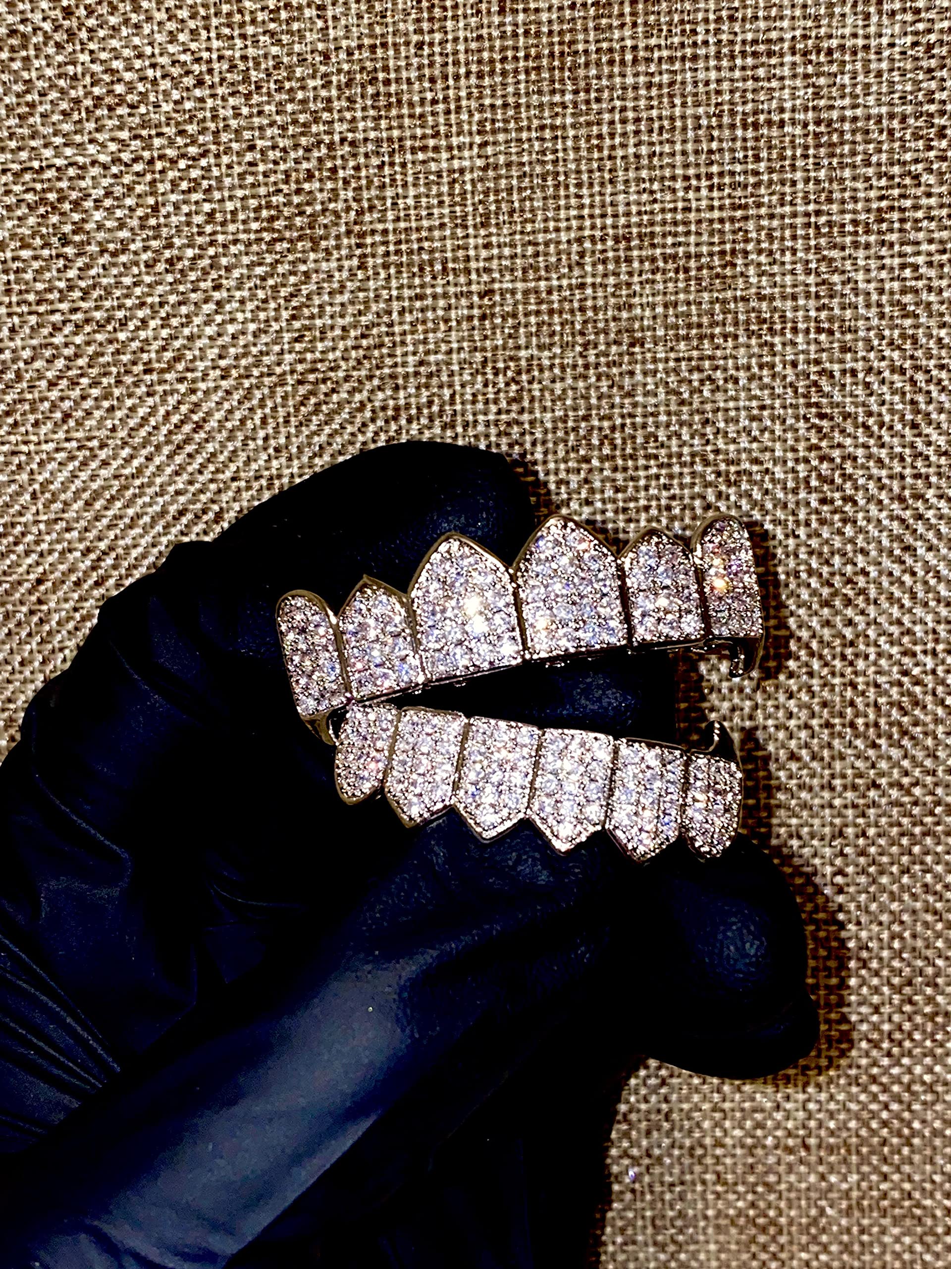 Joker White Gold Hip Hop Grillz Set - Top & Bottom Teeth Grillz with Iced Out Design - Perfect for Rappers, Performers & Hip Hop Fashion Enthusiasts - Great for Concerts, Music Videos & Streetwear Style