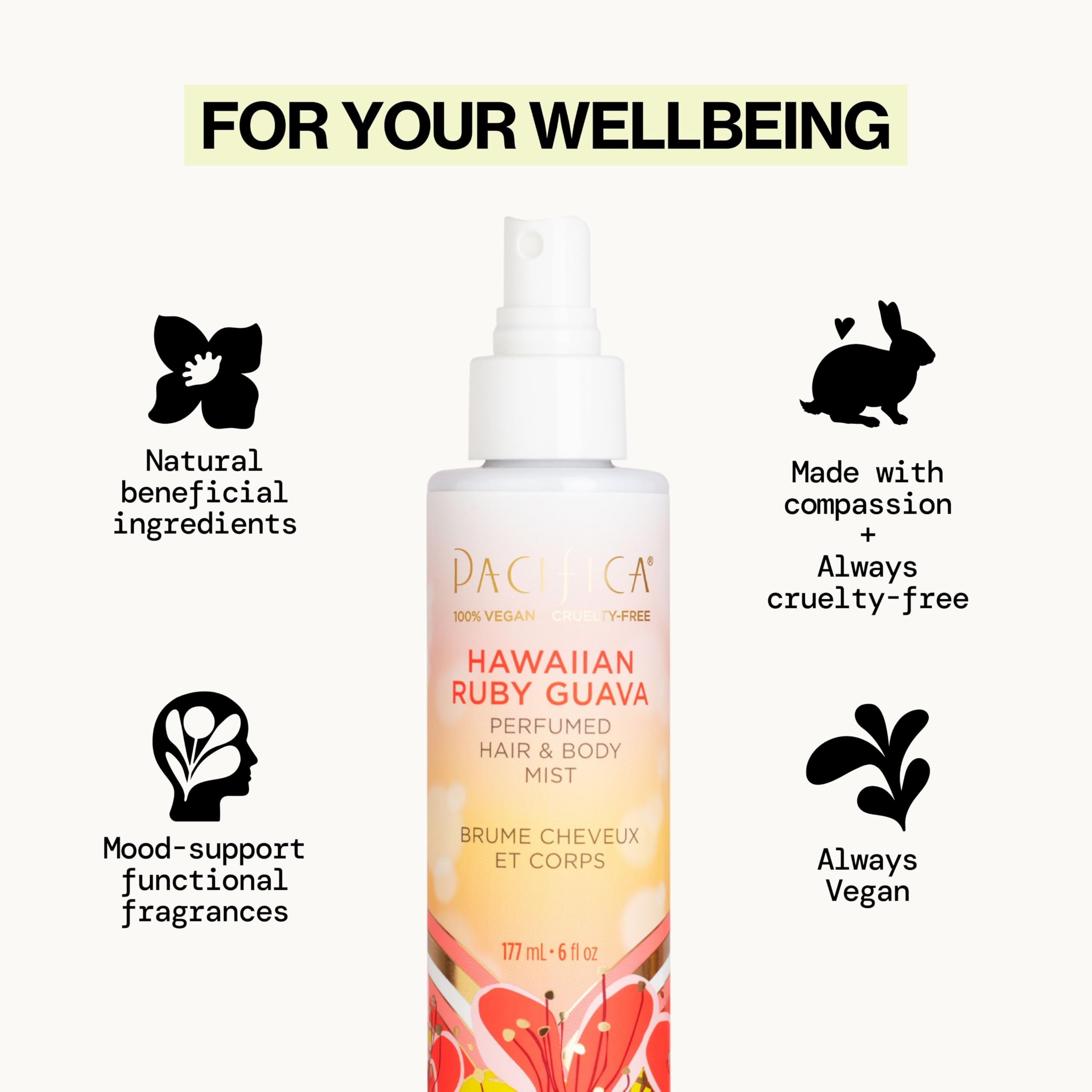Pacifica Hawaiian Ruby Guava Perfumed Hair & Body Mist for Women - 6 oz Floral Tropical Scent | Lightweight Hydrating Spray for Beach, Vacation & Everyday Use