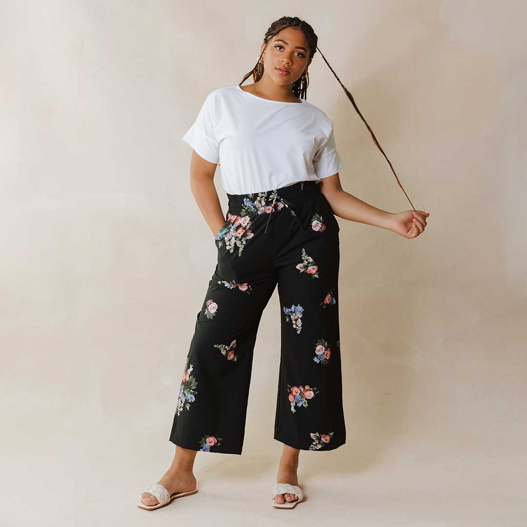 Audrey Wide Leg Pants for Women - Rose Black Floral Print High Waisted Palazzo Trousers | Office Wear, Casual Outfits & Special Occasions