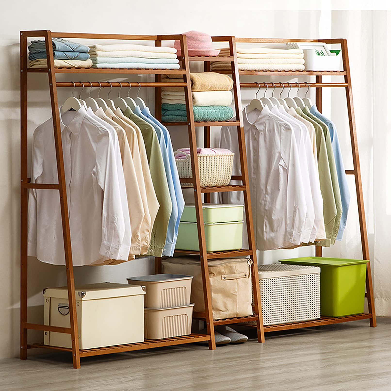 **Heavy Duty Bamboo Clothes Rack - Extra Large Portable Garment Rack with Top Shelf & Shoe Storage Organizer (160x140cm/63x55.1in, Brown) - Perfect for Closet Organization, Laundry Room, and Small Space Storage**