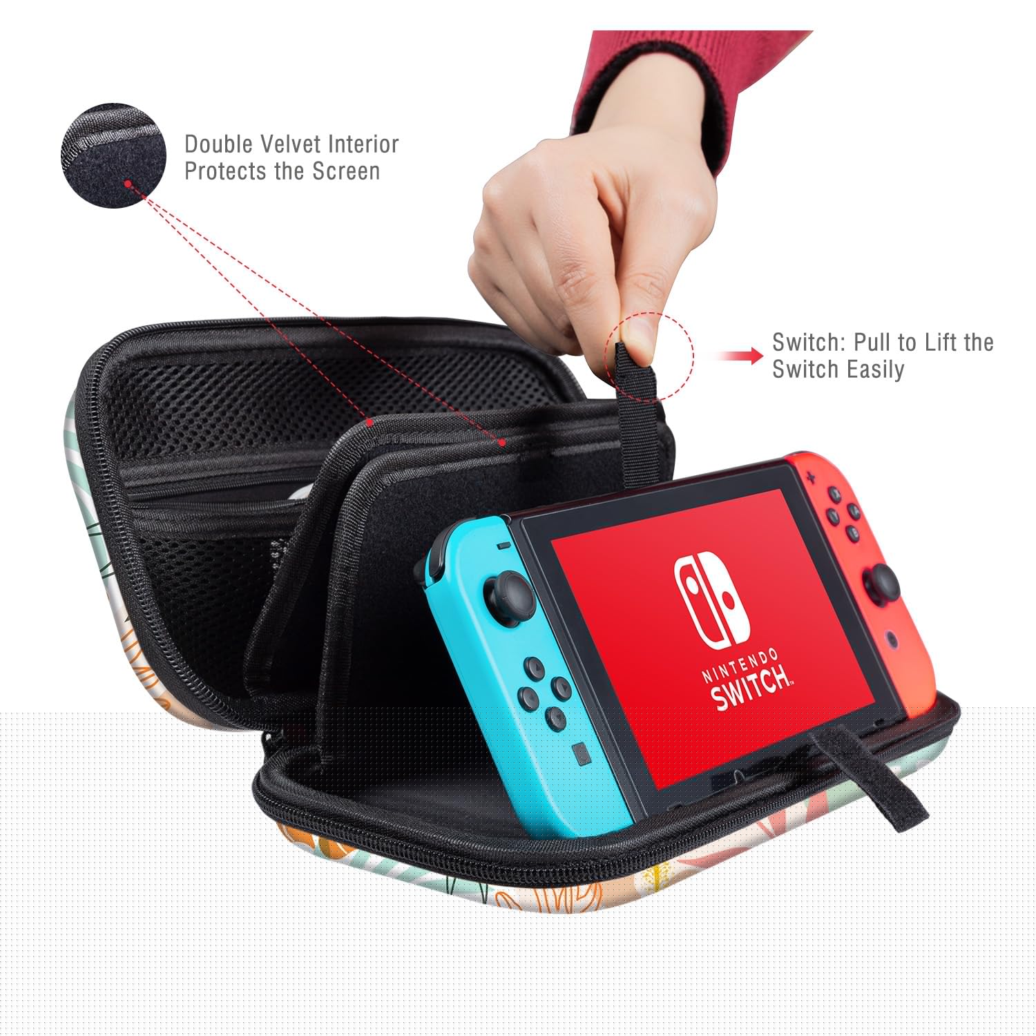 Lokigo Protective Travel Carrying Case for Nintendo Switch & Switch OLED - Durable Hard Shell Case with 16 Game Card Slots for Console & Accessories - Abstract Leaves Design - Perfect for Gaming On-The-Go, Travel & Storage