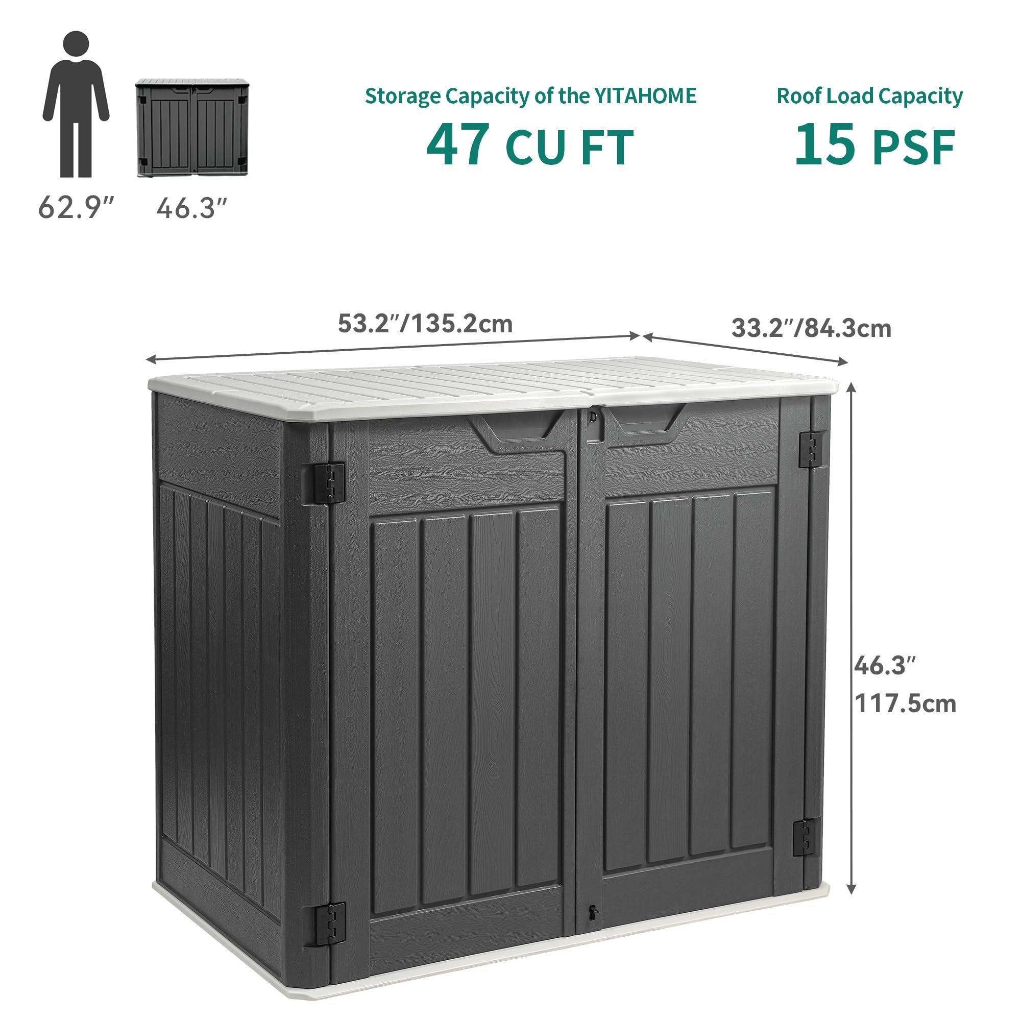 YITAHOME 4.5x4ft Extra Large Outdoor Storage Shed - Waterproof Resin Tool Shed for Garden Tools, Lawn Mowers & Trash Cans - Easy Assembly, Lockable Dark Gray Horizontal Shed - Perfect for Backyard, Garage & Patio Organization