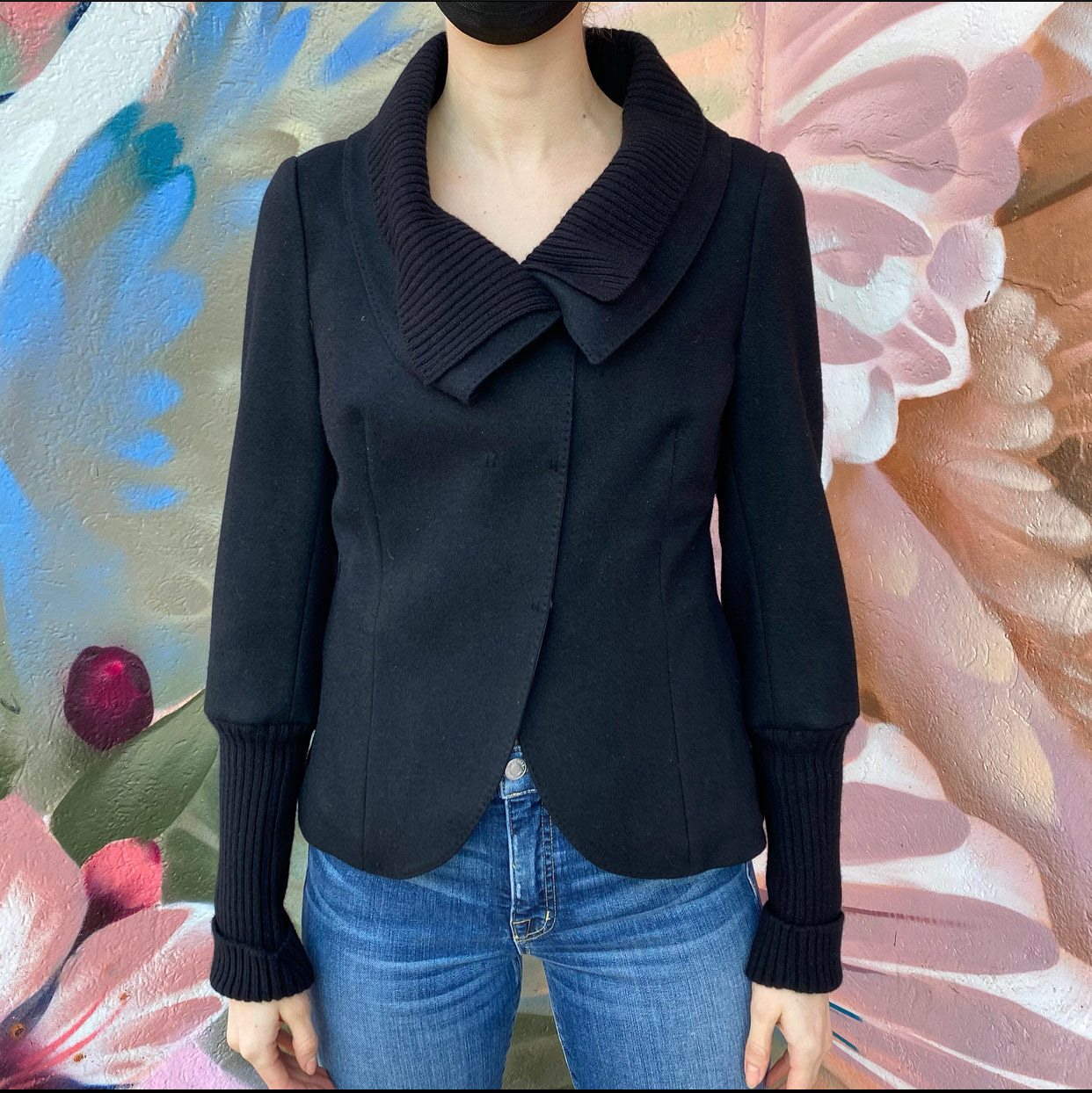 Brunello Cucinelli Black Wool Jacket with Knit Trim - Men's Luxury Italian Wool Blazer | Size IT44 / USA M | Perfect for Business Meetings & Formal Events