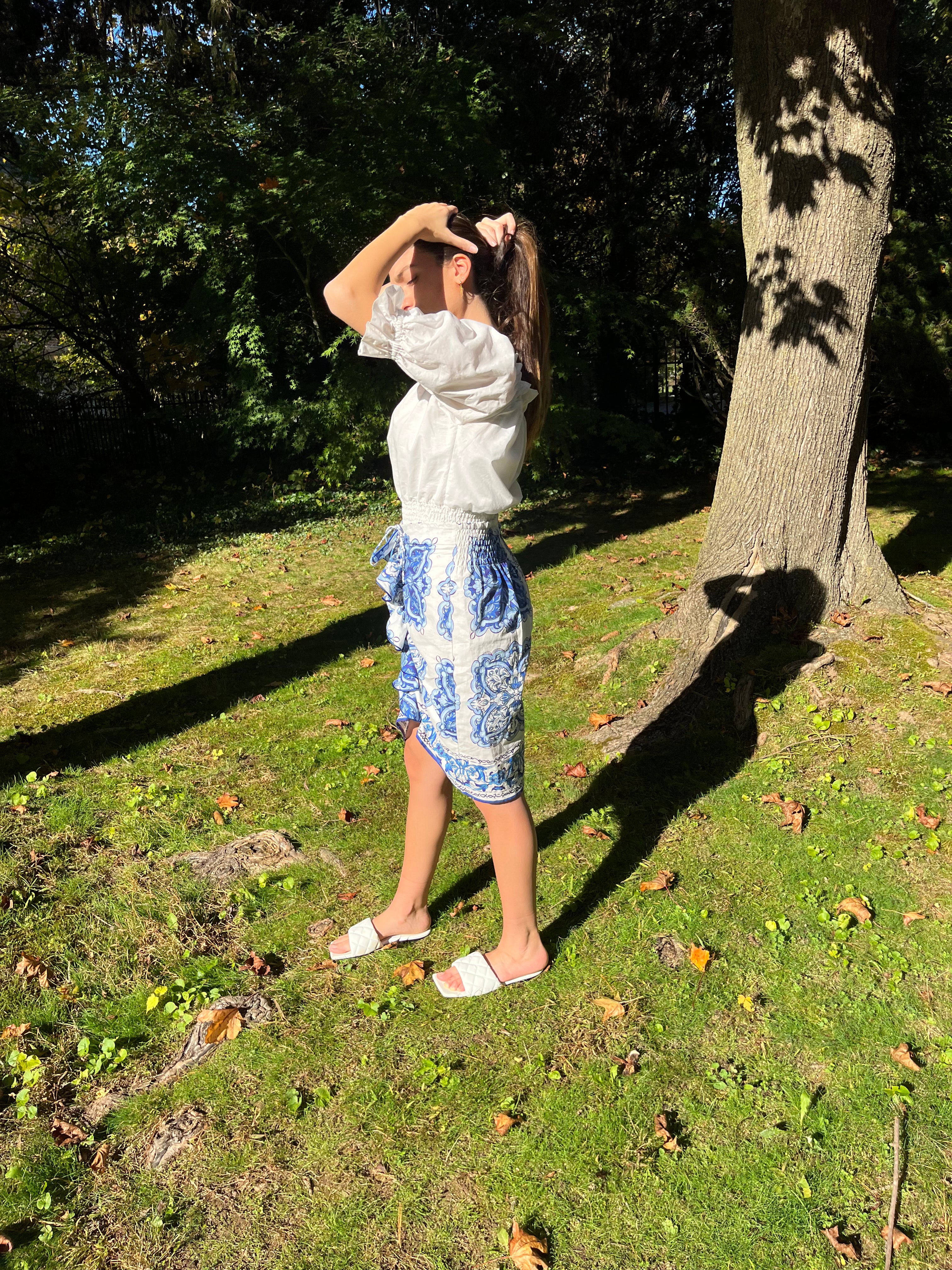 Stylish Blue and White Ruffle Skirt for Women - Summer Floral Print A-Line Skirt - Perfect for Beach, Party & Casual Outfits