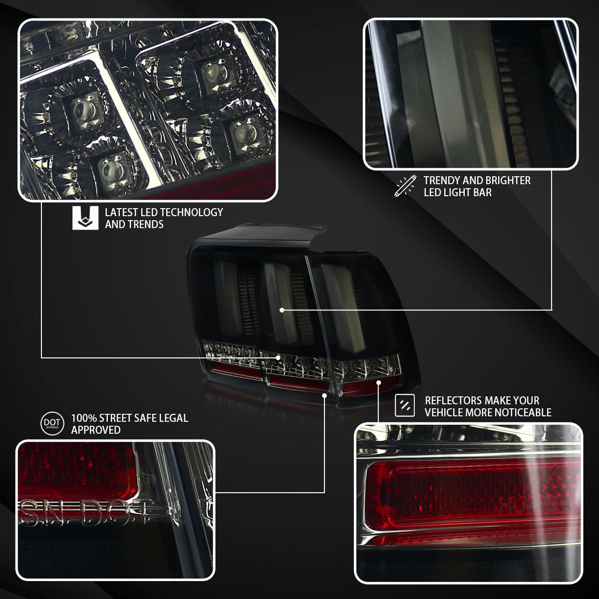 AUTOZENSATION LED Tail Lights for 1999-2004 Ford Mustang - Glossy Black Smoke Sequential Turn Signal Lights (Left + Right Pair) - Perfect for Night Driving & Car Customization