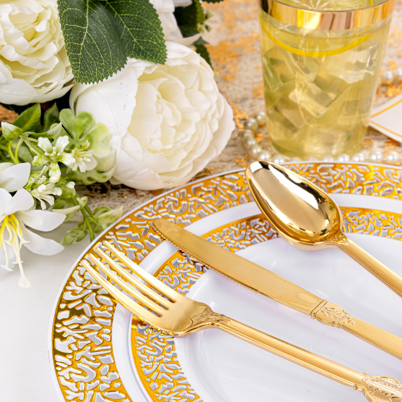 350-Piece Gold Plastic Dinnerware Set for 50 Guests - Disposable Gold Plates, Forks, Knives, Spoons, Cups & Napkins for Parties, Weddings, BBQs & Events - Elegant & Convenient Tableware Solution