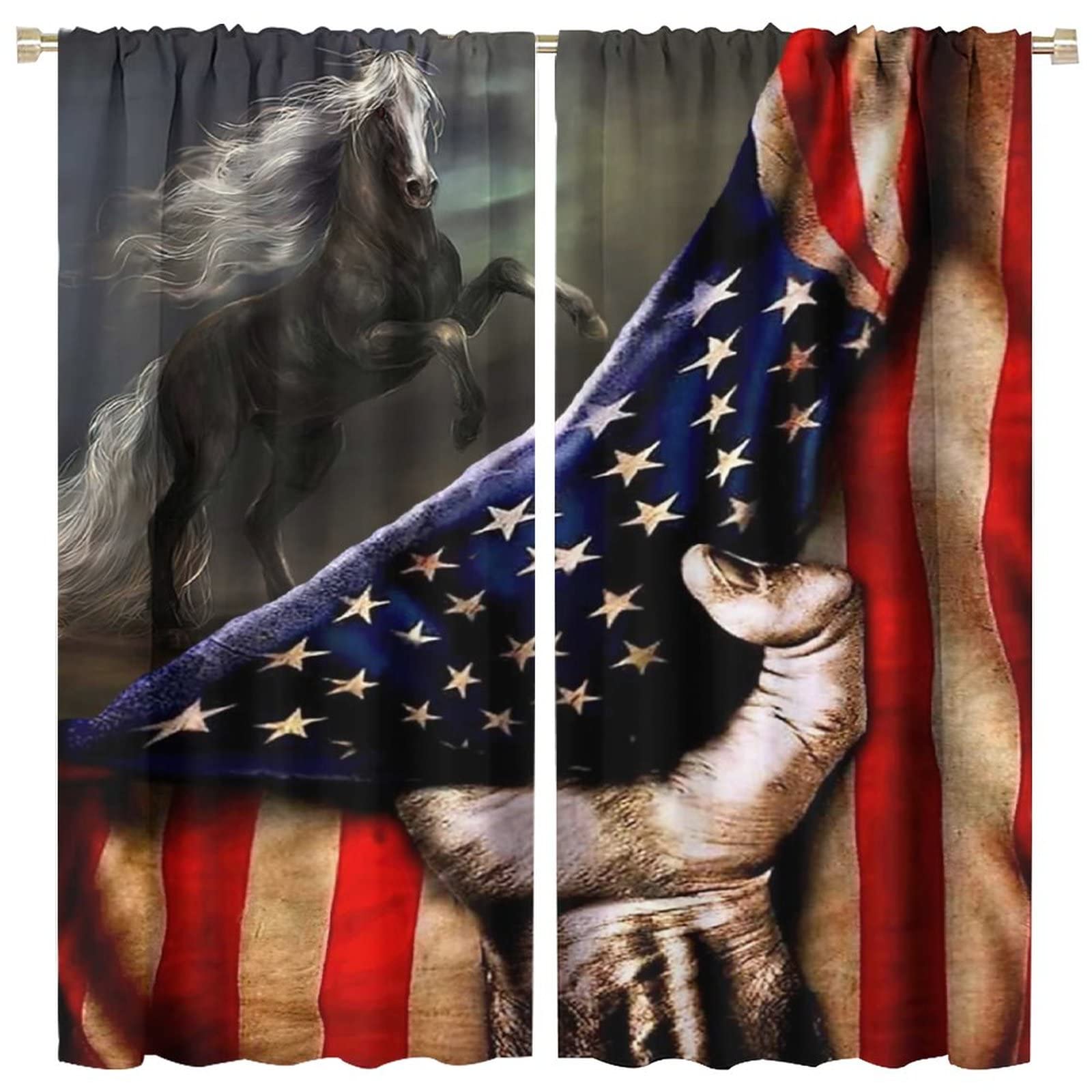 Funny American Flag Wild Neon Abstract Horse Blackout Curtains - Thermal Insulated Rod Pocket Window Drapes, Set of 2 Panels 63x63 inches for Living Room & Bedroom - Energy Saving, Noise Reducing Home Decor