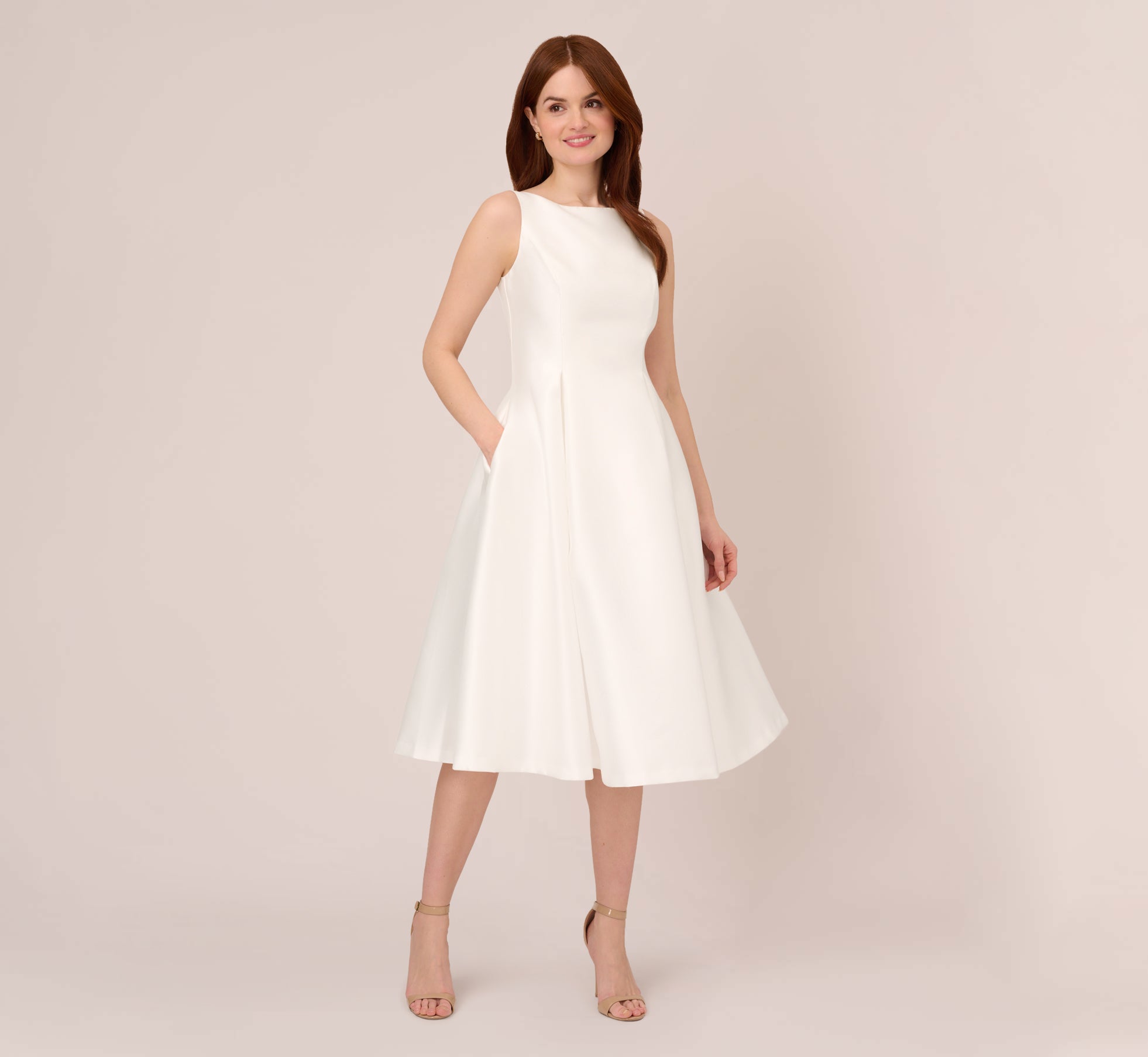 Elegant Sleeveless Mikado Fit & Flare Midi Dress with V-Back in Ivory | Perfect for Weddings, Cocktail Parties & Summer Events