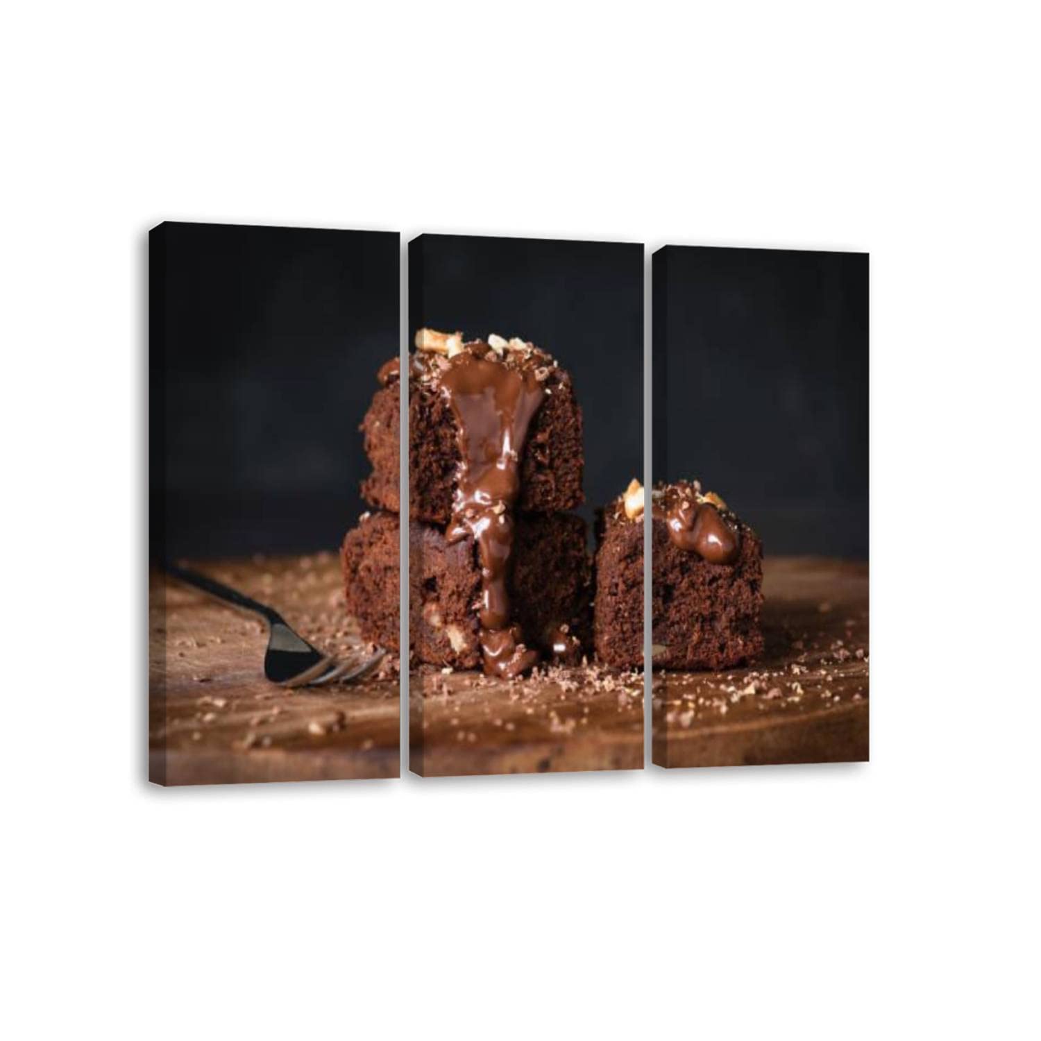 Chocolate Brownies with Walnuts & Glaze Canvas Wall Art - 3 Piece Framed Modern Painting for Living Room & Bedroom Decor | Ready to Hang | Perfect for Kitchen, Dining Room & Cafe Wall Decor