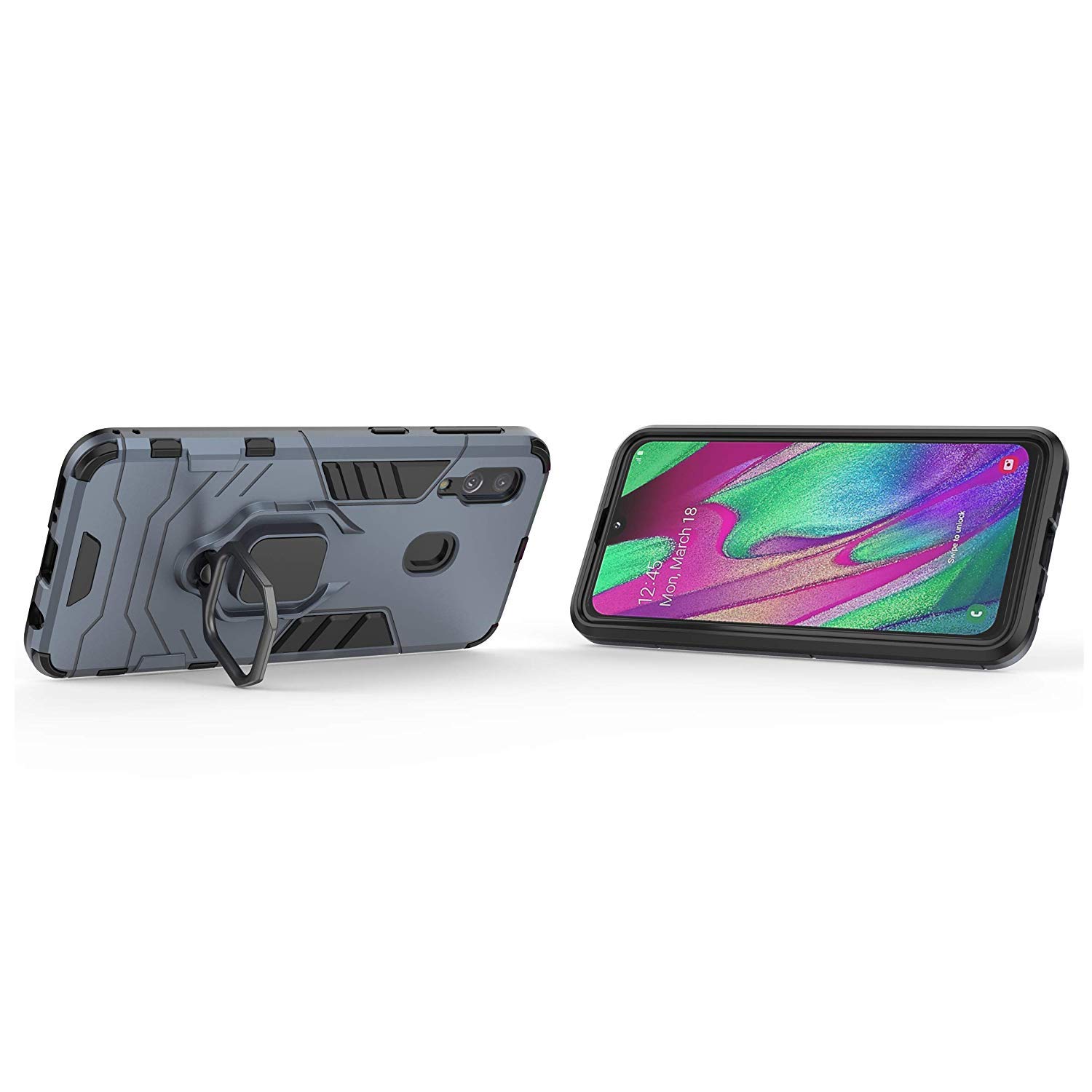 **LuluMain Shockproof Rugged Case for Samsung Galaxy A40 - Dual Layer Hard Bumper with Metal Ring Grip & Kickstand | Compatible with Magnetic Car Mount | Navy Blue | Perfect for Outdoor, Work & Travel**