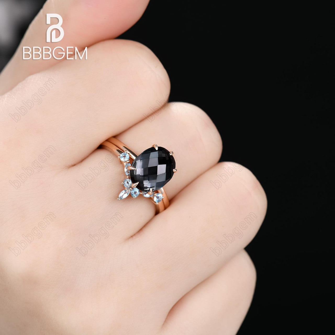 10x8mm Oval Cut Black Spinel Engagement Ring Set with Rose Gold Band - Checkerboard Cut Black Gemstone, August Birthstone - Perfect for Weddings, Anniversaries & Special Occasions