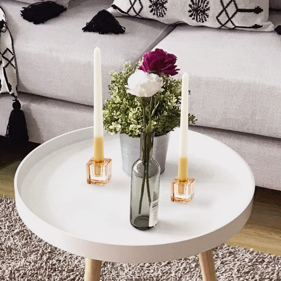 2PCS Amber Square Glass Taper Candle Holders - Elegant Table Centerpiece Decor for Wedding, Dining & Party | Crystal Candle Stick Holder Set for Romantic Ambiance & Home Decoration