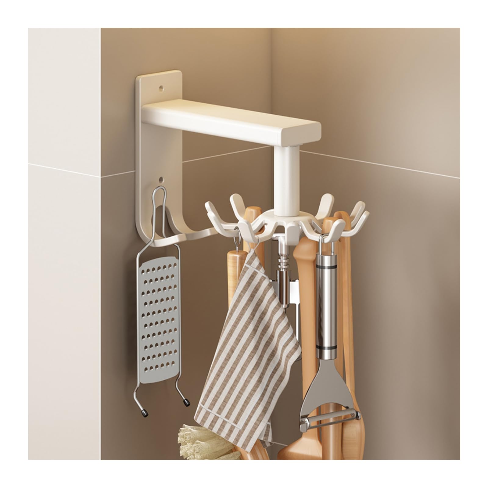 Wall Mounted Retractable Kitchen Utensil Hanger with Hooks - White Space-Saving Spoon, Spatula, and Utensil Holder for Organized Cooking in Small Kitchens