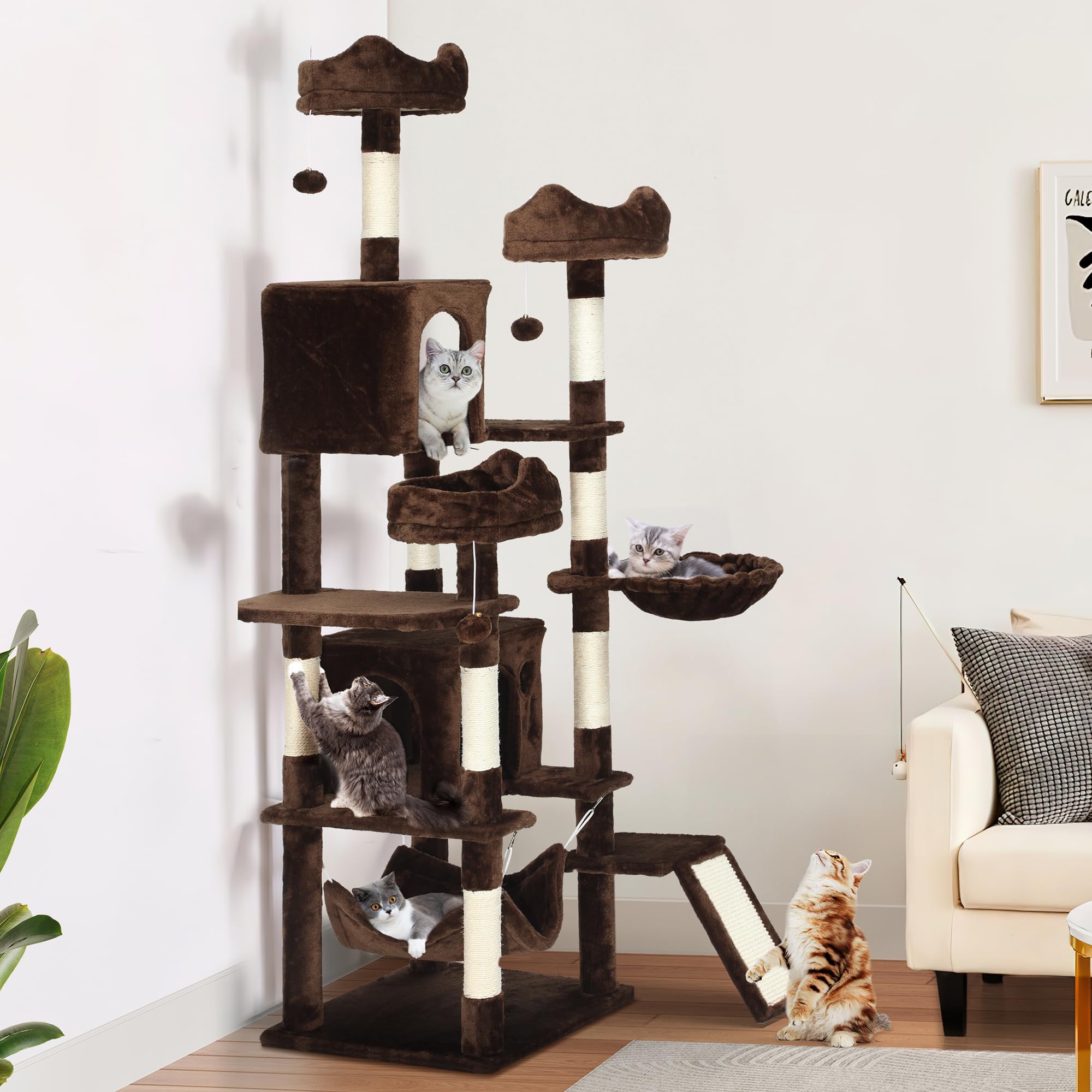 YITAHOME 75-Inch Multi-Level Cat Tower for Large Indoor Cats - Tall Cat Tree with Condos, Perches, Sisal Scratching Posts, Cozy Basket & Hammocks - Durable Pet Activity Structure for Play & Rest (Brown) - Perfect for Living Rooms, Bedrooms & Home Offices