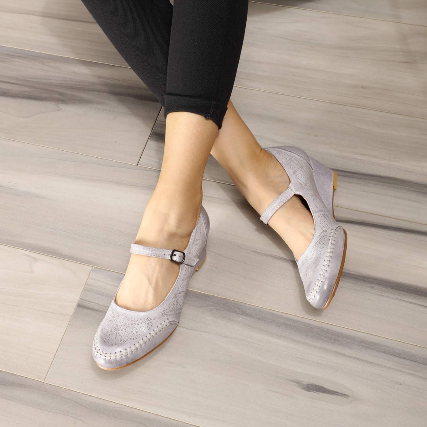 Women's Leather Mary Jane Wedge Pumps - Closed Toe Mid Heel Dress Shoes for Ladies | Comfortable & Stylish for Work, Office, Wedding & Formal Occasions