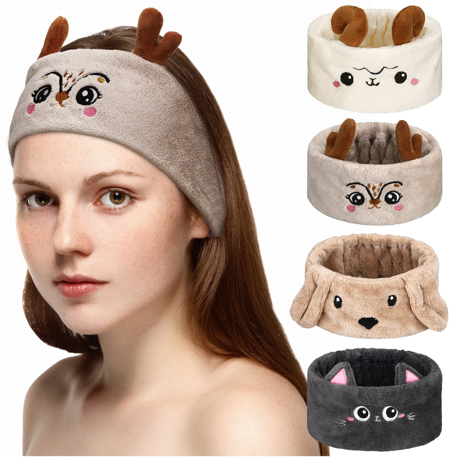 **Chuangdi 4-Piece Animal Hair Bands – Soft Coral Fleece Plush Face Wash Headband for Women & Girls (Cute Style, Classic Colors) – Perfect for Skincare, Makeup, Spa & Washing Face**