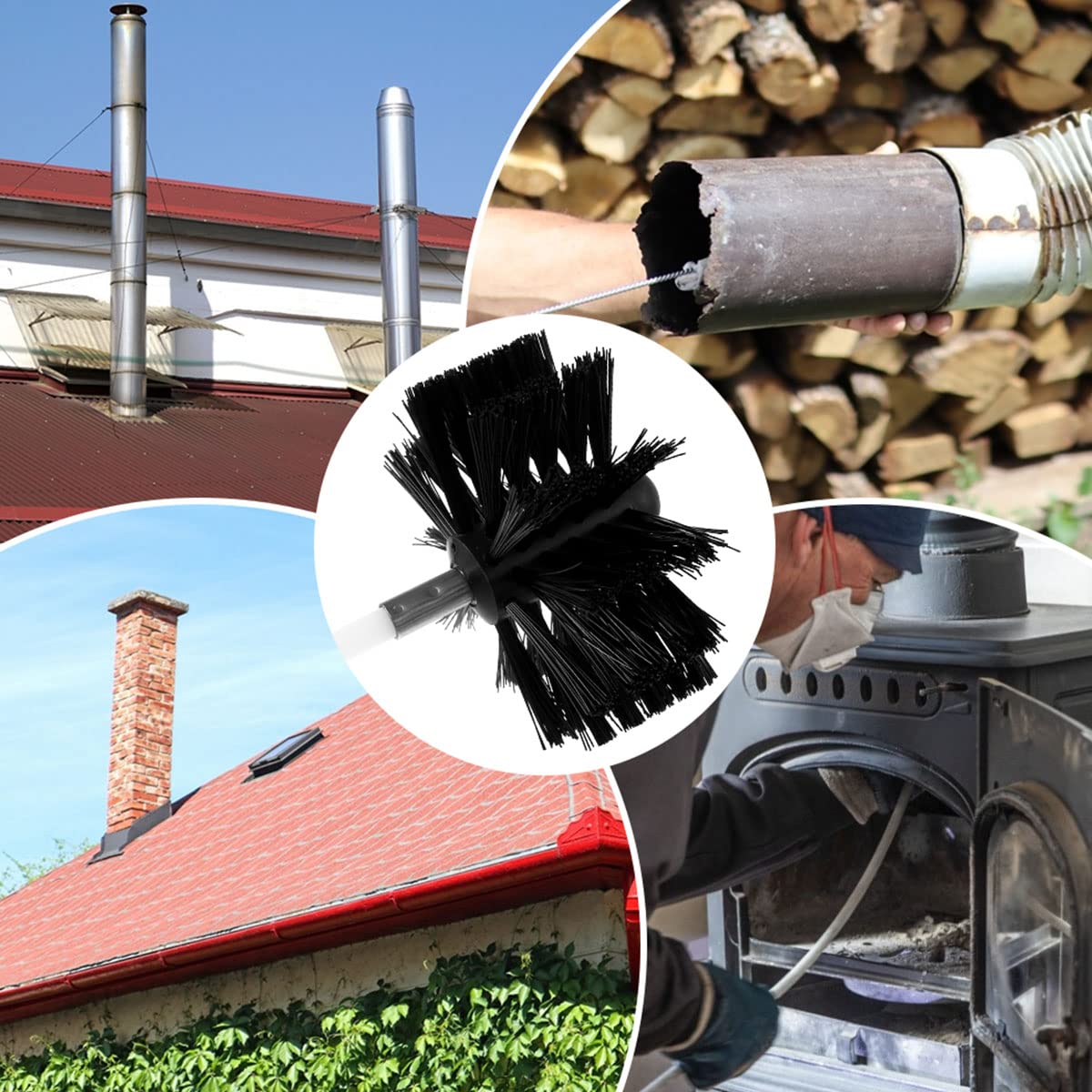 Professional Chimney Sweep Kit with Long Handle & Flexible Rods - Replaceable Nylon Brush Head for Home Indoor Flue, Drainage Pipeline Cleaning - Perfect for Fireplace, Wood Stove & HVAC Maintenance (Black)