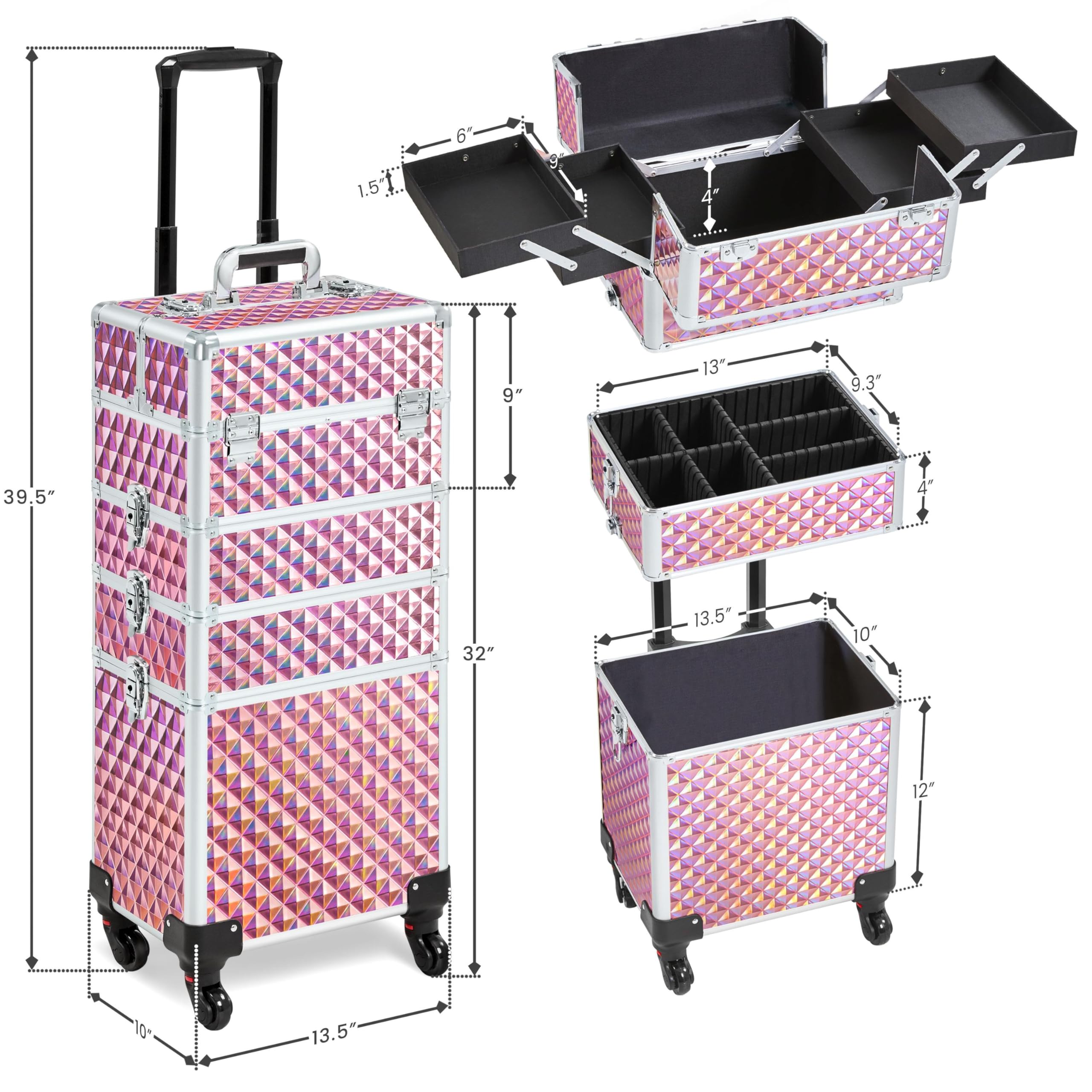 Yaheetech 4-in-1 Professional Makeup Train Case - Rolling Cosmetic Trolley with 4 Detachable Swivel Wheels, Makeup Organizer & Travel Case in Glitter Pink | Perfect for Salon Artists, Mobile Makeup Services & Beauty Professionals On-The-Go