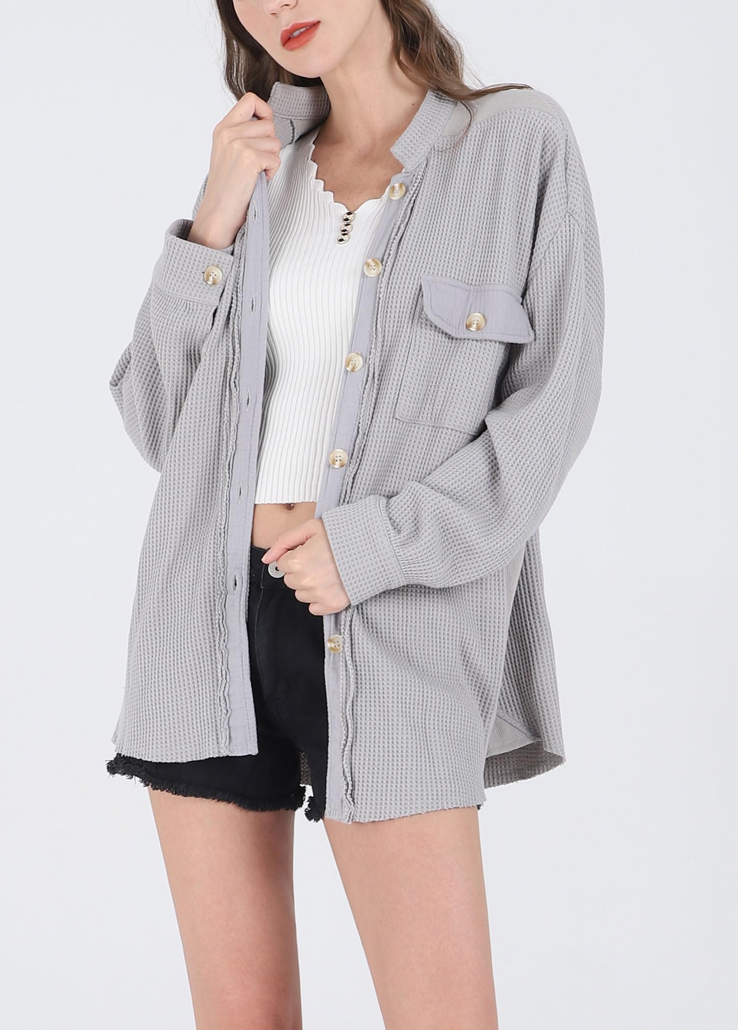 Women's Loose Fit Batwing Sleeve Waffle Knit Button Down Shirt Shacket - Casual Long Sleeve Tops for Fall & Winter | Perfect for Layering, Office Wear & Weekend Outfits
