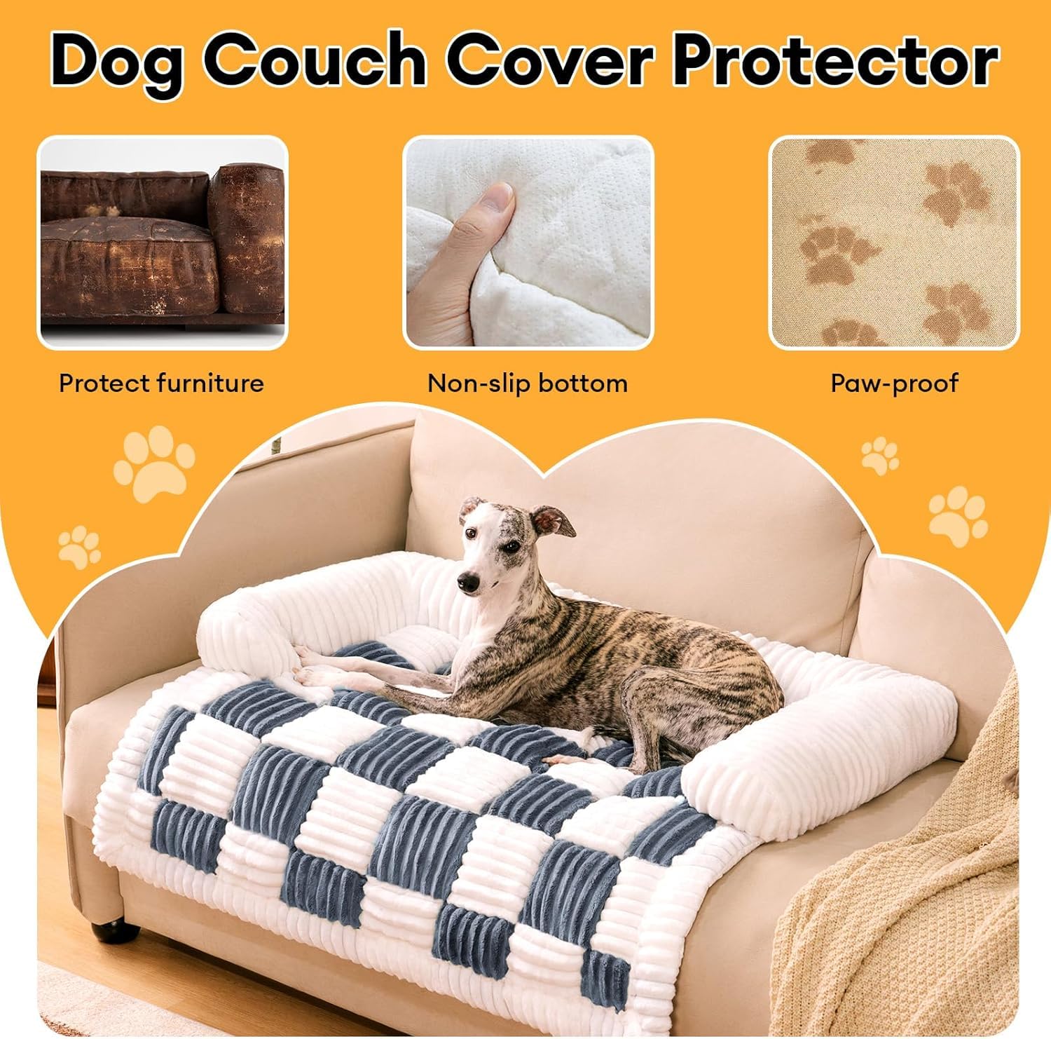 Washable Large Pet Couch Cover for Dogs - Soft Fuzzy Plaid Sofa Protector in Muted Grey | Durable Furniture Protector for Pets | Perfect for Living Room, Bedroom & Pet-Friendly Spaces