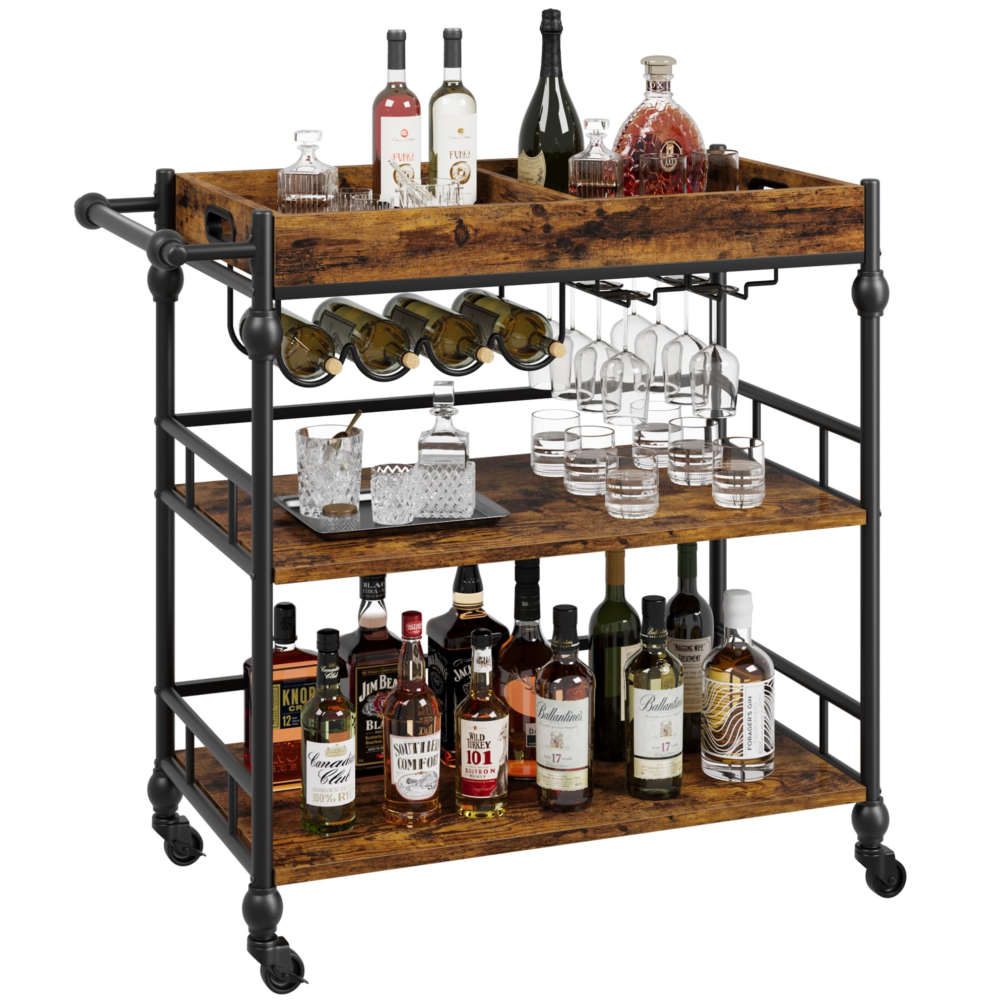 GARVEE 3-Tier Rolling Bar Cart with Wheels - Wine Rack & Glass Holder - Mobile Kitchen, Living Room, Dining Room Storage - Retro Style for Home Entertaining & Parties
