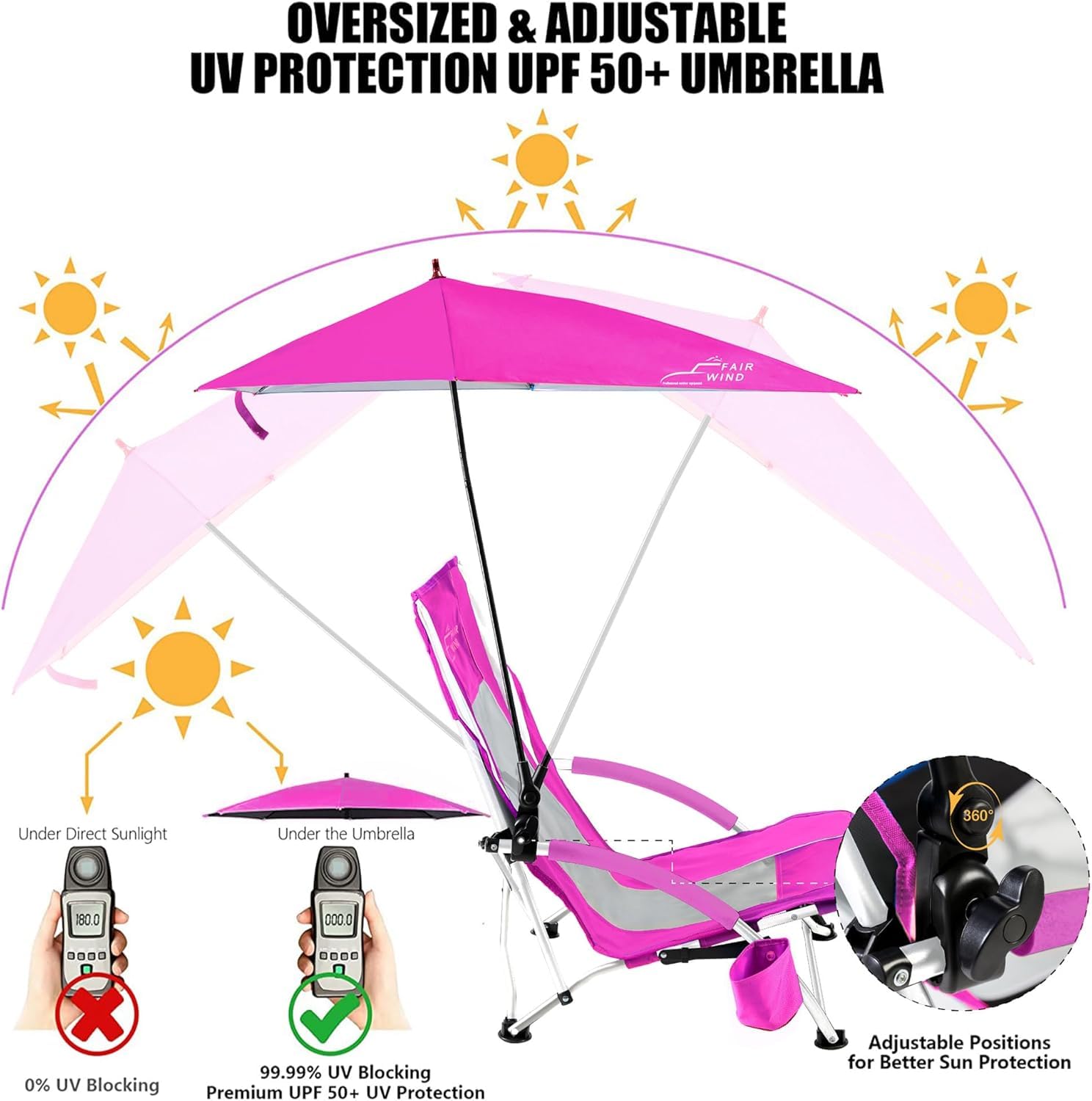FAIR WIND Portable Beach Umbrella Chair for Adults - Foldable Backpack Shade Chair with Cup Holder, Pink - Perfect for Beach, Pool, Camping, and Outdoor Concerts